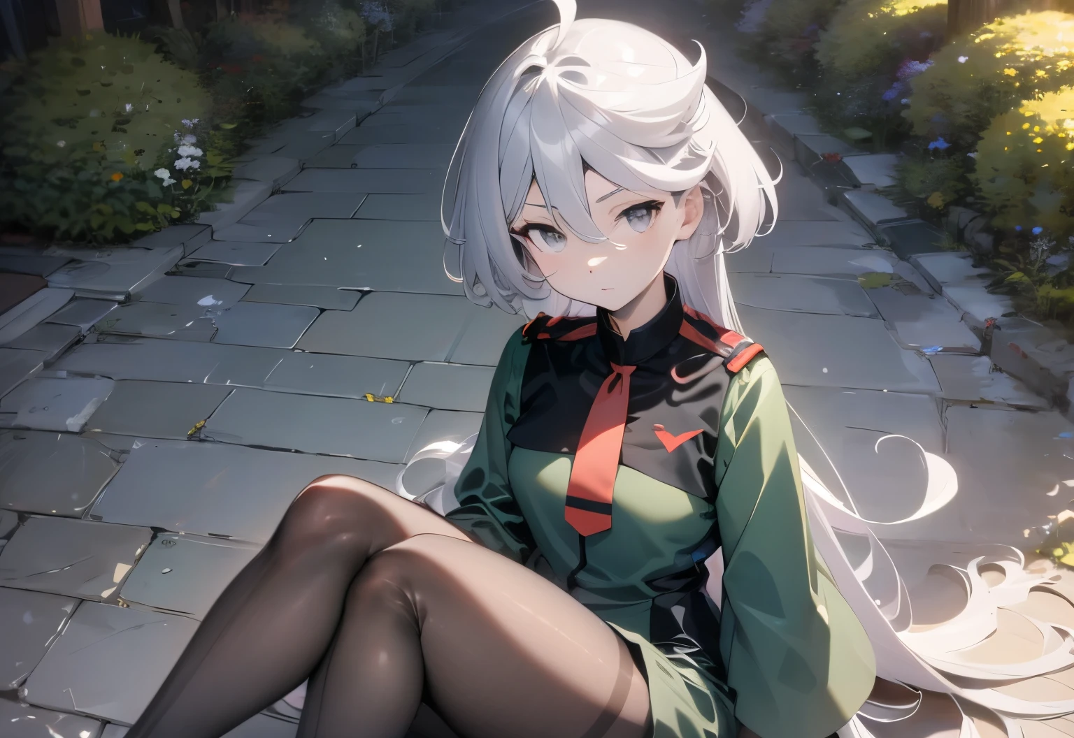 Lying,Miorine rembran ,gray eyes,Asticasia,hair length,white hair,Ahoge,bangs,hair between eyes、green shorts,black pantyhose,long sleeve,green jacket,floating hair,red tie,medium chest,outdoor,masterpiece ,8k unity wallpaper,anime key visual,highest quality, High resolution, unity 8k wallpaper, (shape:0.8), highly detailed face,highly detailed eye,glowing eyes , shiny skin,fine skin,white skin,dense skin,detailed hair,highly detailed legs,perfect lighting, Detailed CG, (perfect hands, perfect anatomy),High resolution,anime key visual,Kyoto Animation,(Detailed wear ),slender limbs, delicate curves, dainty hands, tiny feet,figure:0.8,