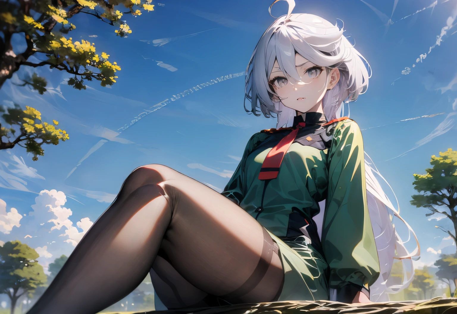 Lying,Miorine rembran ,gray eyes,Asticasia,hair length,white hair,Ahoge,bangs,hair between eyes、green shorts,black pantyhose,long sleeve,green jacket,floating hair,red tie,medium chest,outdoor,masterpiece ,8k unity wallpaper,anime key visual,highest quality, High resolution, unity 8k wallpaper, (shape:0.8), highly detailed face,highly detailed eye,glowing eyes , shiny skin,fine skin,white skin,dense skin,detailed hair,highly detailed legs,perfect lighting, Detailed CG, (perfect hands, perfect anatomy),High resolution,anime key visual,Kyoto Animation,(Detailed wear ),slender limbs, delicate curves, dainty hands, tiny feet,figure:0.8,