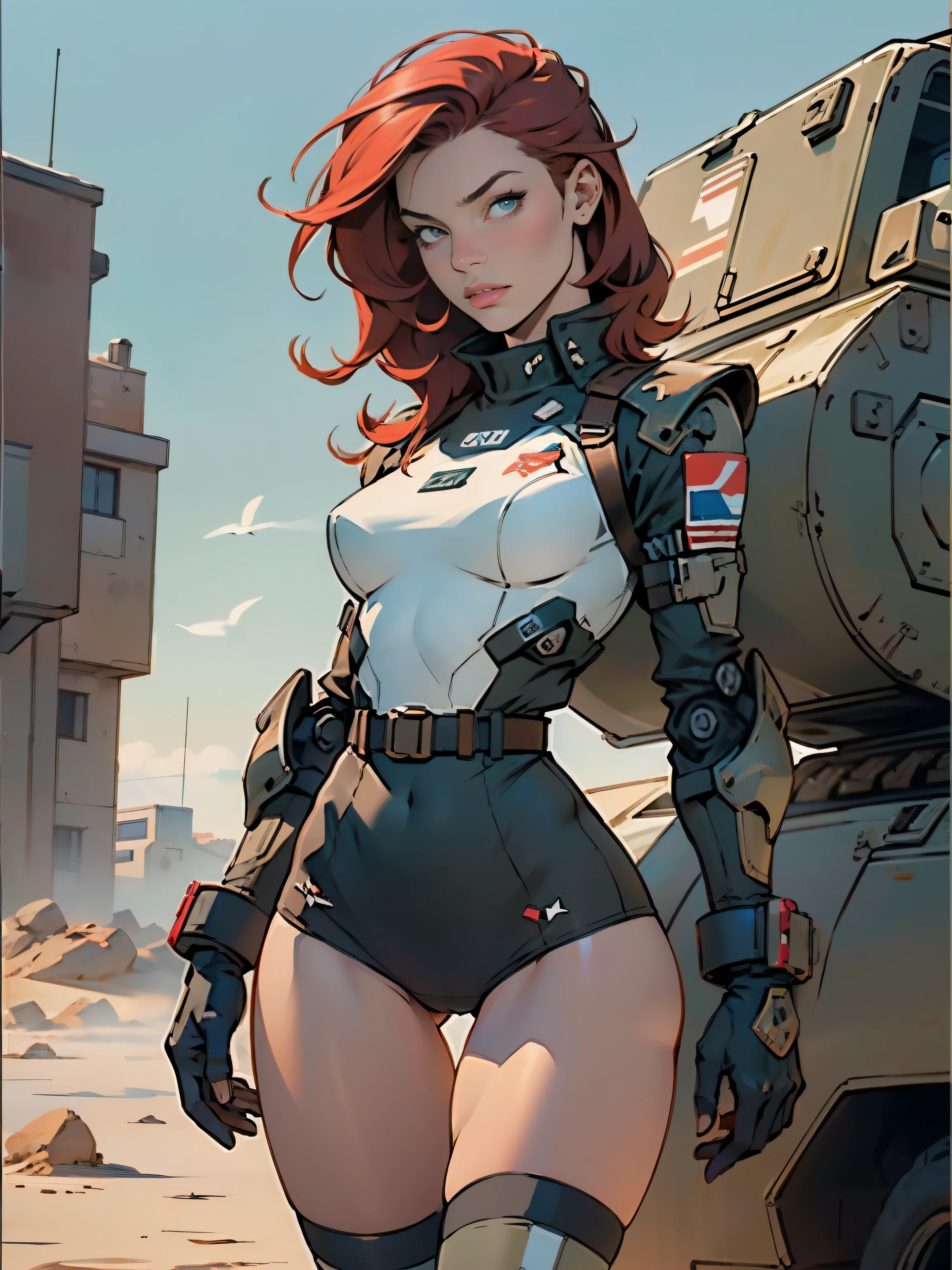 1woman 20 years old, military, beautiful, perfect body, realistic, red hair, perfect body, thin waist, , large breasts, slim thighs, desert background, armored vehicle, flying fighters, military robot dog, camouflaged uniform, wealth of details, tight panties, marking on the front, slender knees, highly detailed, high resolution, prefect hands, slender thighs, show knees, thigh gap, alert eyes