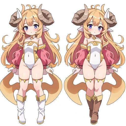 masterpiece, best quality, cute eyes, 1girl, solo, high fantasy costume, ((white background)), full body, multiple views, boots, leotard, cow horns, curled horns, dragon horns, tree horns, goat horns, giraffe horns, fiery horns, sheep horns, succubus,
