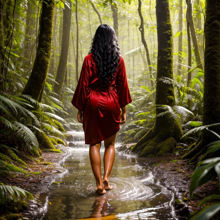 (best quality:1.5), 24 year old skinny filipina woman, curly long black haired, brown eyed, tanned yellow skin, soaked in oil, wearing a red robe, walking inside a green forest, , small ass, front view, sharp focus, 4k, looking at the viewer lustfully, oily glistening skin, barefoot, perfect foot, full body view