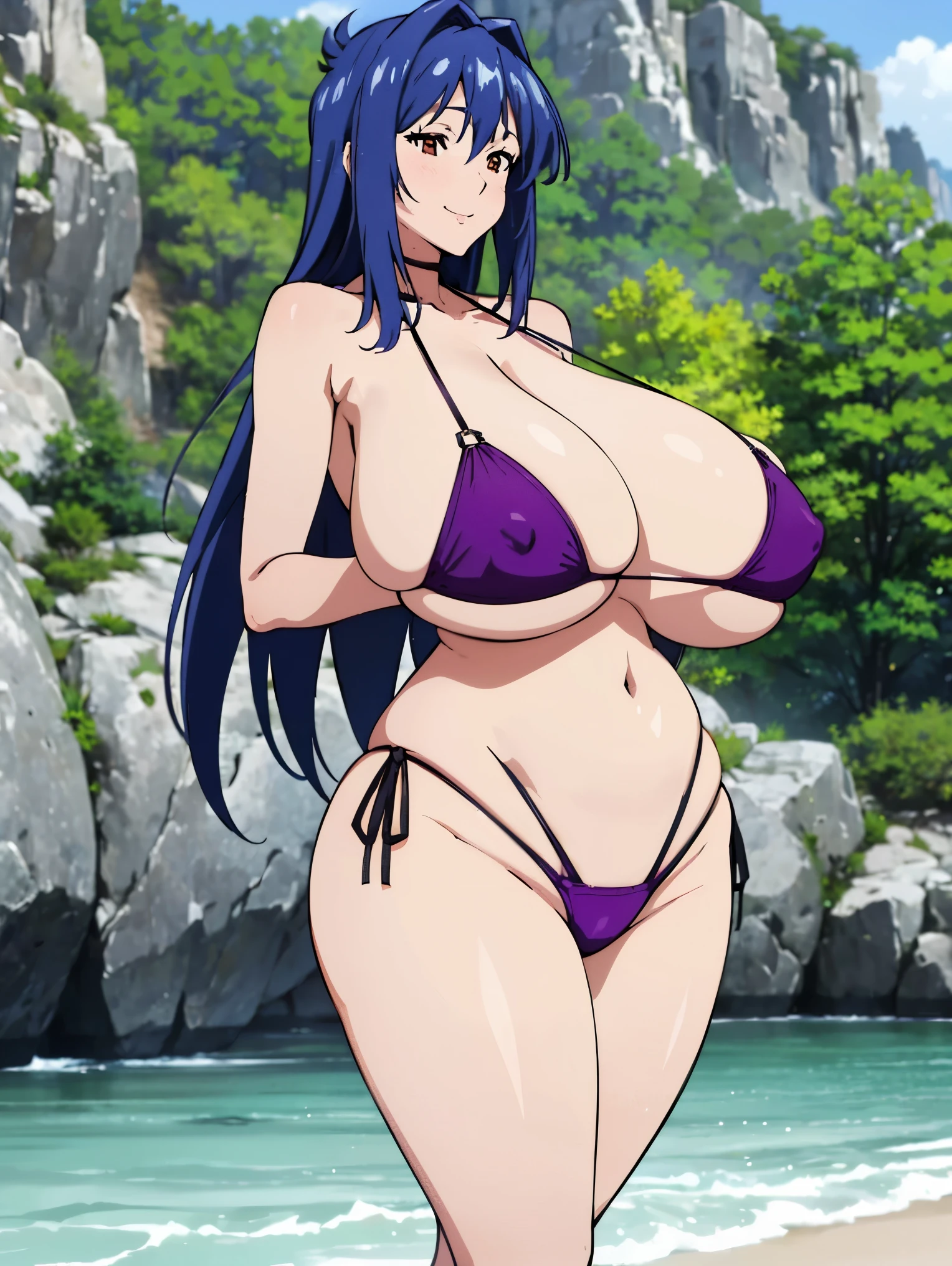 high quality、high resolution、masterpiece、(anime,anime style),NJAkiV4, (gigantic sagging breasts:1.5),mature female,(brack bikini),beach,sea,smile,sexy,erotic,arms behind head