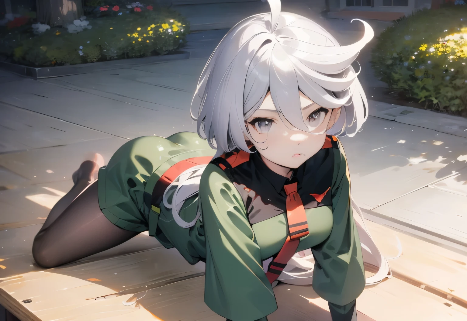 All fours,crawling,Miorine rembran ,gray eyes,Asticasia,hair length,white hair,Ahoge,bangs,hair between eyes、green shorts,black pantyhose,long sleeve,green jacket,floating hair,red tie,medium chest,outdoor,masterpiece ,8k unity wallpaper,anime key visual,highest quality, High resolution, unity 8k wallpaper, (shape:0.8), highly detailed face,highly detailed eye,glowing eyes , shiny skin,fine skin,white skin,dense skin,detailed hair,highly detailed legs,perfect lighting, Detailed CG, (perfect hands, perfect anatomy),High resolution,anime key visual,Kyoto Animation,(Detailed wear ),slender limbs, delicate curves, dainty hands, tiny feet,figure:0.8,