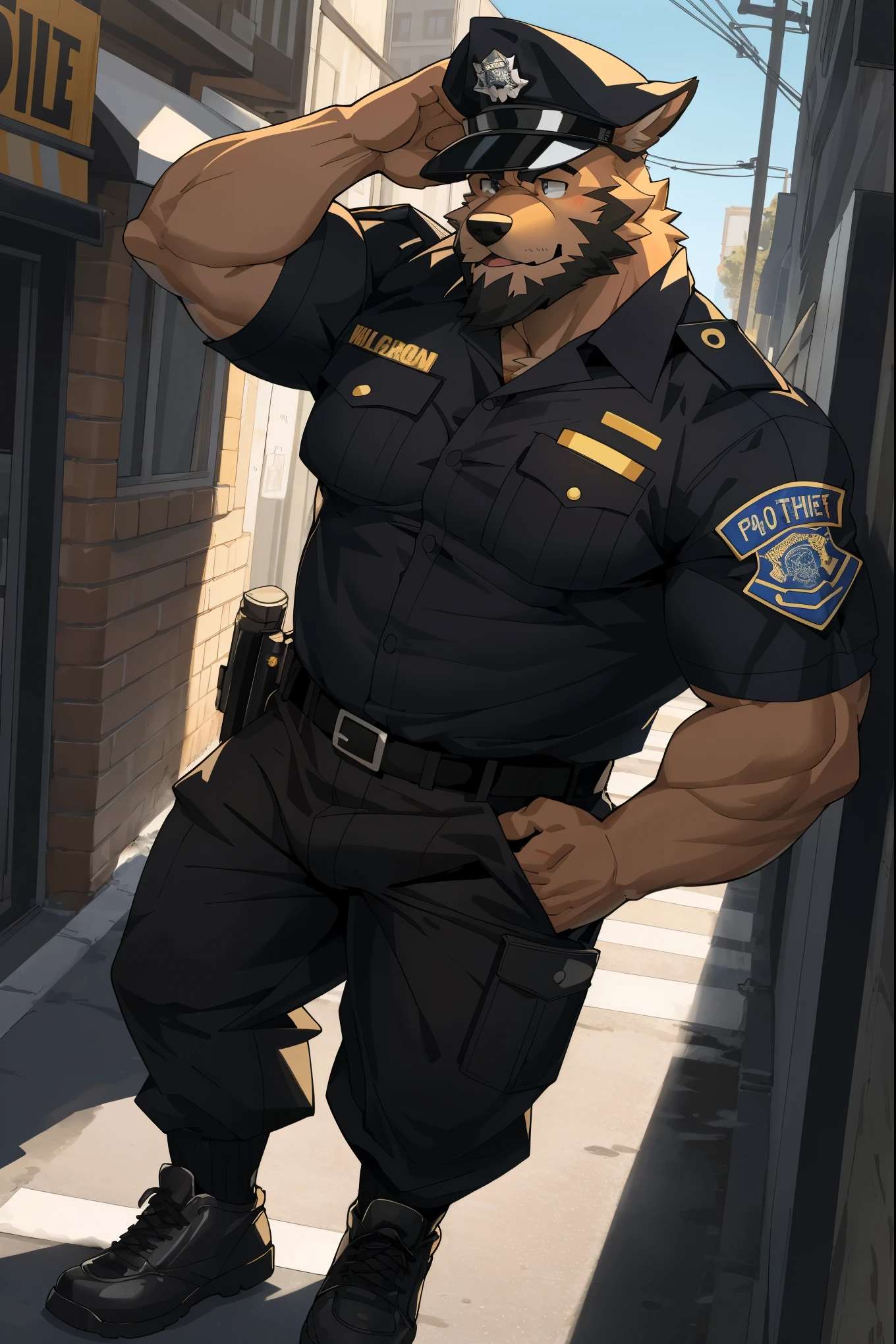 nsfw, sexy poster, top quality, best quality, super high resolution, detailed background, magazine cover, absurdres, perfect anatomy(gay, angelic nice 1boy, kemono, solo focus, muscle man, beard, puffy nipples, undress)(furry anthro, Furry body, dog facial features, dog body features, very detailed body fur)full body(dignified)police officer, SWAT, street, muscle, facial hair, volumetric lighting, depth of field, gasping for air(raised crotch, black clothes, black police uniform)) shirt,