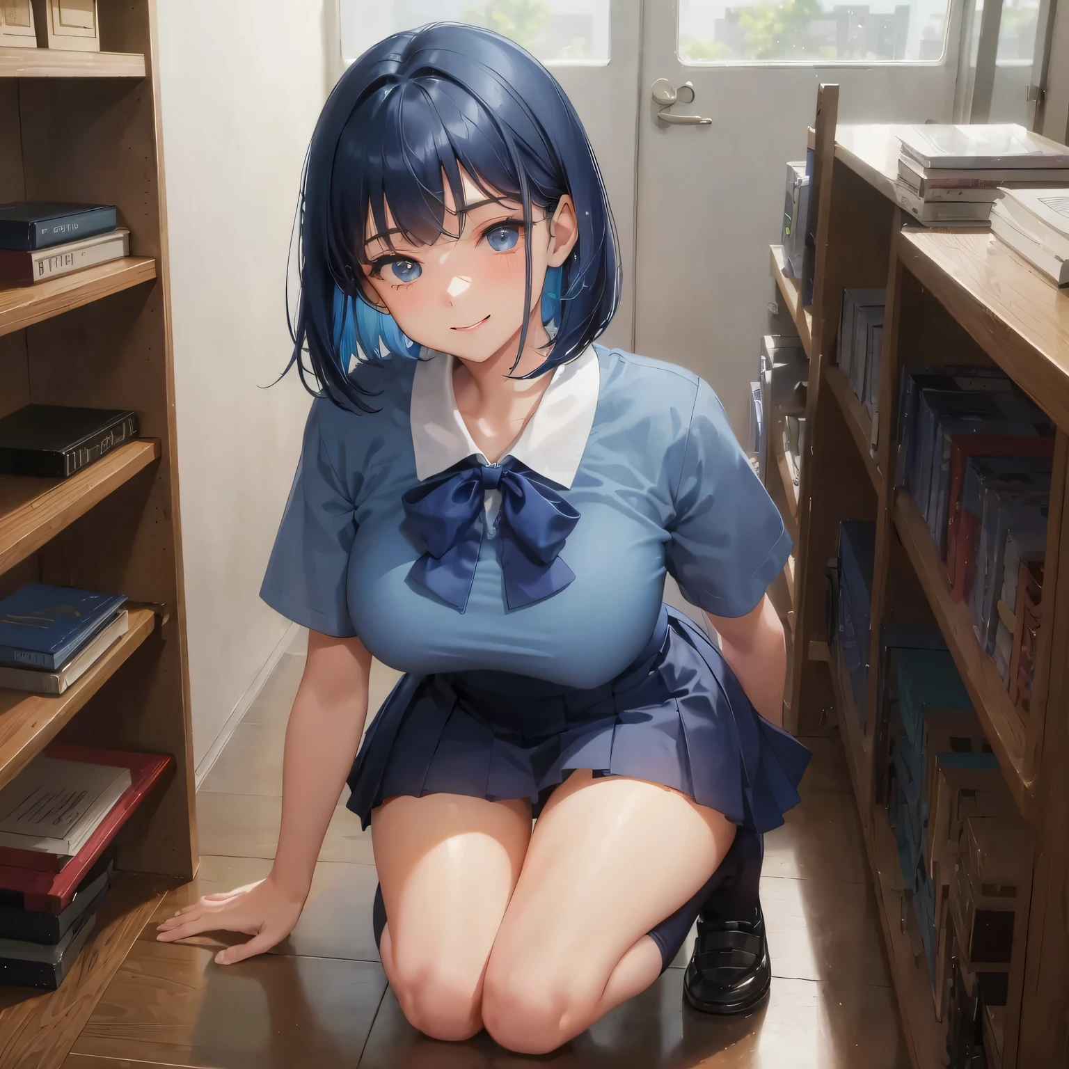 1 high school girl　 woman　bob cut　dark blue hair color　high school uniform　light blue y shirt　short sleeve　blue ribbon　dark blue hair color　Slender body type　big breasts　full body portrait　school library　smile gently　cheerful look　Library　hand sign　squat　kneel down　look up here　navy high socks