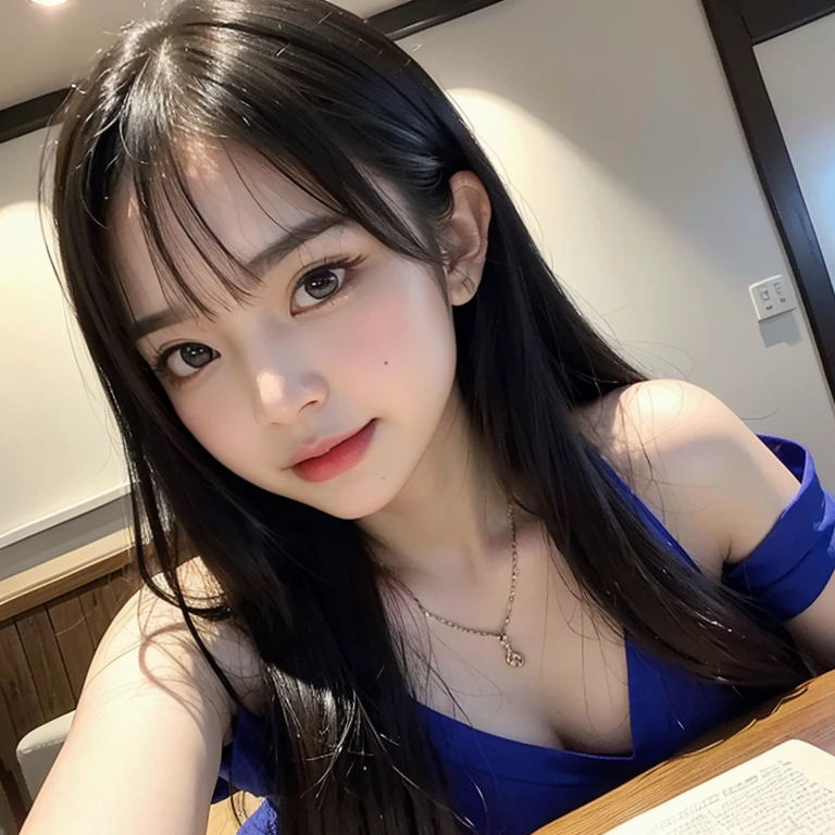 highest quality, High resolution, (realistic:1.2), 1 girl, Japanese beautiful girl, Upper body, Smile, big slit eyes, (big double eyelids:1.5), plump cheeks, long black hair, Smooth straight hair, slender, Are thin, small breasts, one piece, (focus on face, Depth of the bounds written:1.5), bright light, Cafe, indoor, Drinks on the table, sitting, 