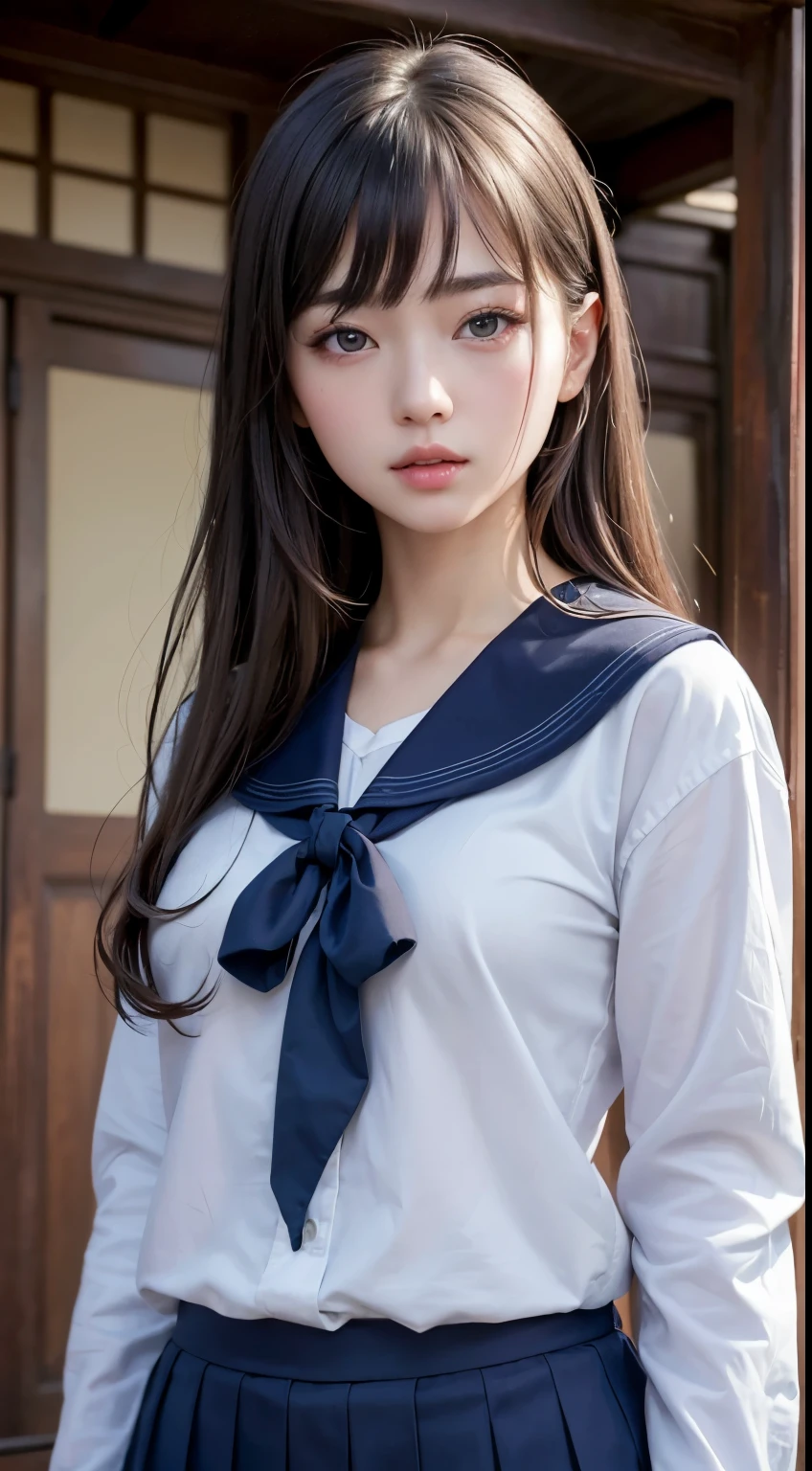((A masterpiece like no other in history、best quality、perfect artwork))、(realistic, Photoreal:1.37)、1 girl、、Japanese、Amazingly cute、((JK uniform、serafuku))、((I could see the whole body))、long eyelashes、dark eye makeup、dark eye shadow、korean makeup、random pose、random hair、land angle、random place、Highly detailed and professional lighting、finely、super detailed、High resolution、Highly detailed CG Unity 8K wallpaper、beautiful detailed girl、highly detailed eyes and face、beautiful and fine eyes、