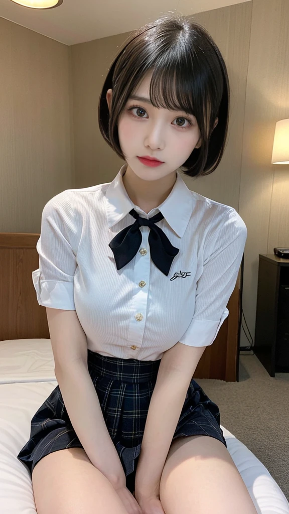 muste piece, best quality, illustration, Super detailed, fine details, High resolution, 8K,wall paper, perfect dynamic composition,(Details High quality, realistic depiction of eyes:1.3), (collared shirt:1.1), pleated skirt, big breasts, short bob hair、black hair color, Big Natural Color Lip, bold sexy pose, crying a little、cold gaze, Harajuku style、20 year old girl、cute type、ta、beautiful legs, hotel room, gravure idol