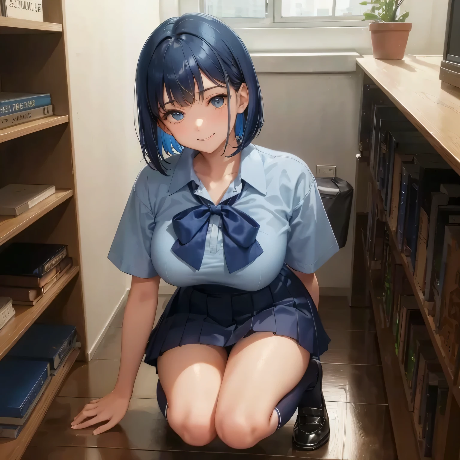 1 high school girl　 woman　bob cut　dark blue hair color　high school uniform　light blue y shirt　short sleeve　blue ribbon　dark blue hair color　Slender body type　big breasts　full body portrait　school library　smile gently　cheerful look　Library　hand sign　squat　kneel down　look up here　navy high socks