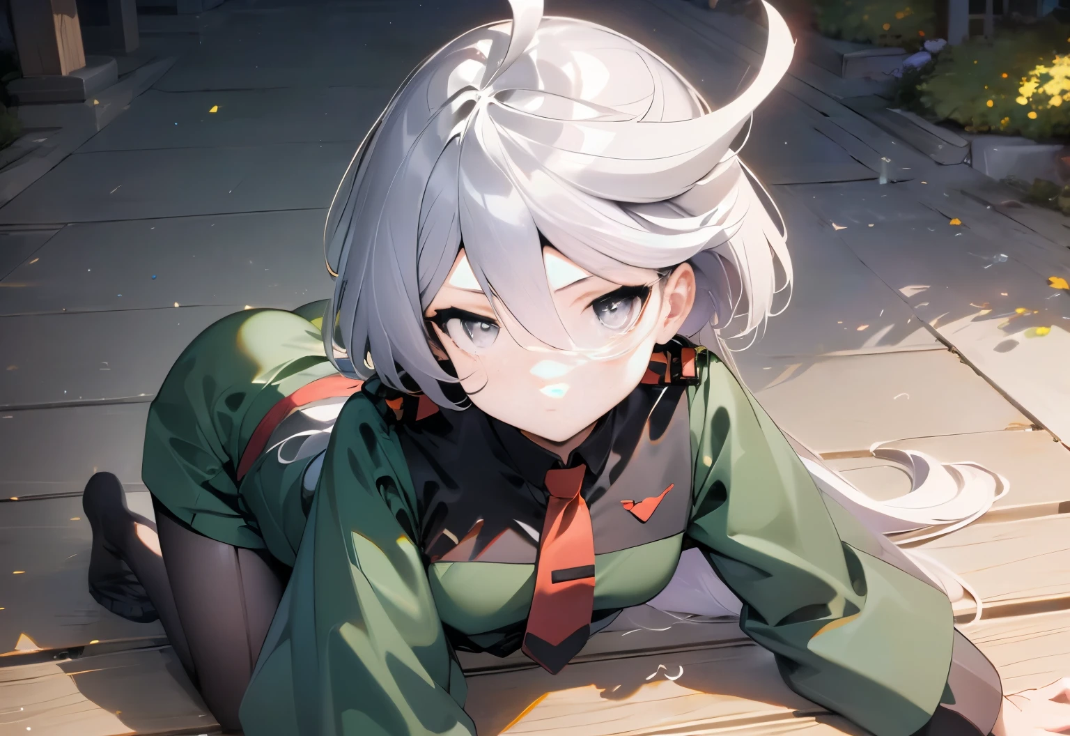 Hip up,All fours,crawling,Miorine rembran ,gray eyes,Asticasia,hair length,white hair,Ahoge,bangs,hair between eyes、green shorts,black pantyhose,long sleeve,green jacket,floating hair,red tie,medium chest,outdoor,masterpiece ,8k unity wallpaper,anime key visual,highest quality, High resolution, unity 8k wallpaper, (shape:0.8), highly detailed face,highly detailed eye,glowing eyes , shiny skin,fine skin,white skin,dense skin,detailed hair,highly detailed legs,perfect lighting, Detailed CG, (perfect hands, perfect anatomy),High resolution,anime key visual,Kyoto Animation,(Detailed wear ),slender limbs, delicate curves, dainty hands, tiny feet,figure:0.8,