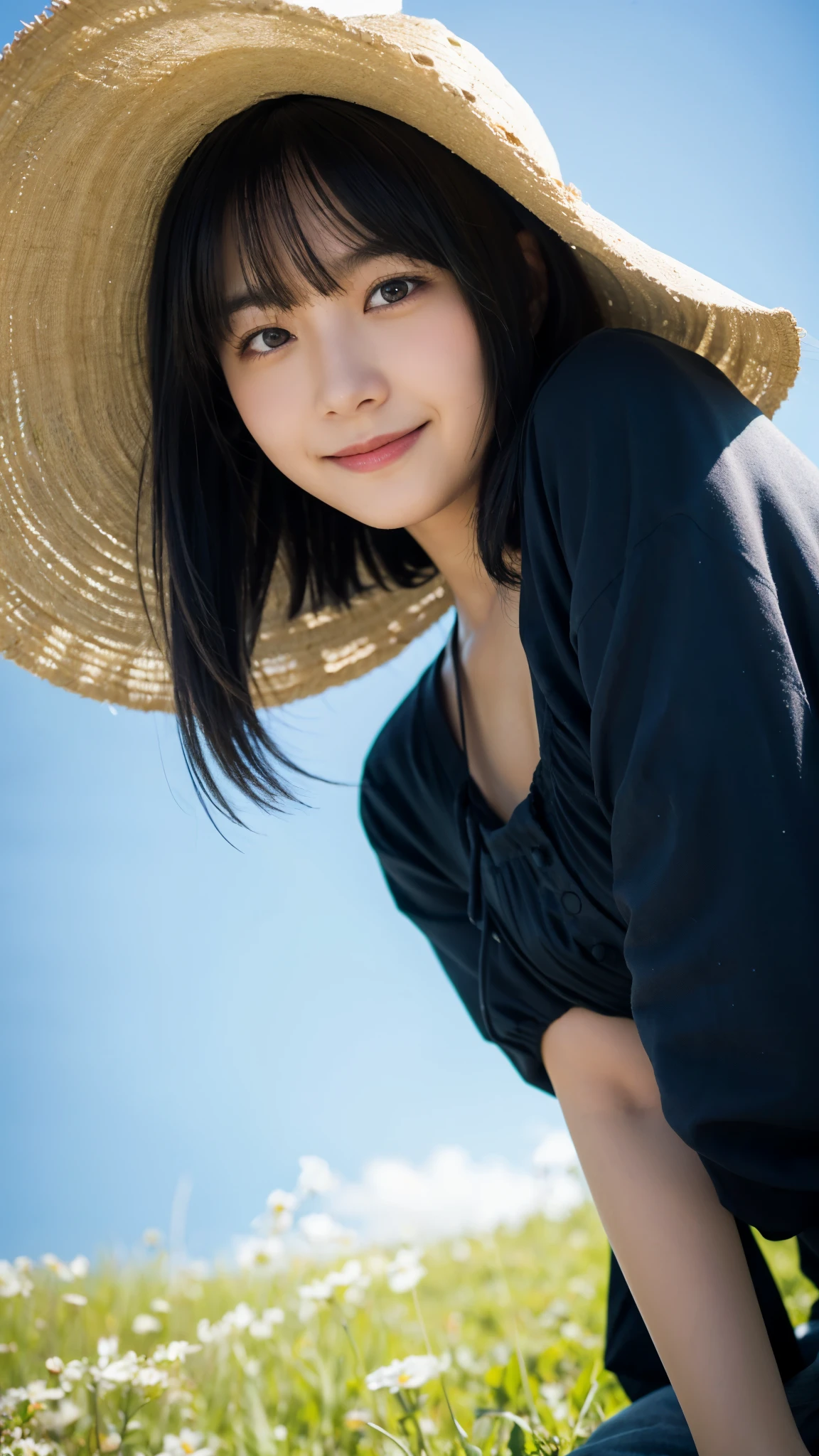(highest quality,masterpiece:1.3,ultra high resolution),(Super detailed,caustics,8k),(photorealistic:1.4,RAW shooting),18-year-old,cute,Japanese,straw hat,Black Hair Middle Hair,(strong wind:1.1),(hair blowing in the wind:1.1),(one piece),(smile),blue sky,sun,Natural light,(top of the hill),(green grassland:1.1),(Standing in the grass:1.1),(ground level shot:1.1),(shot from the waist up),(low position:1.2),(Low - Angle:1.2)