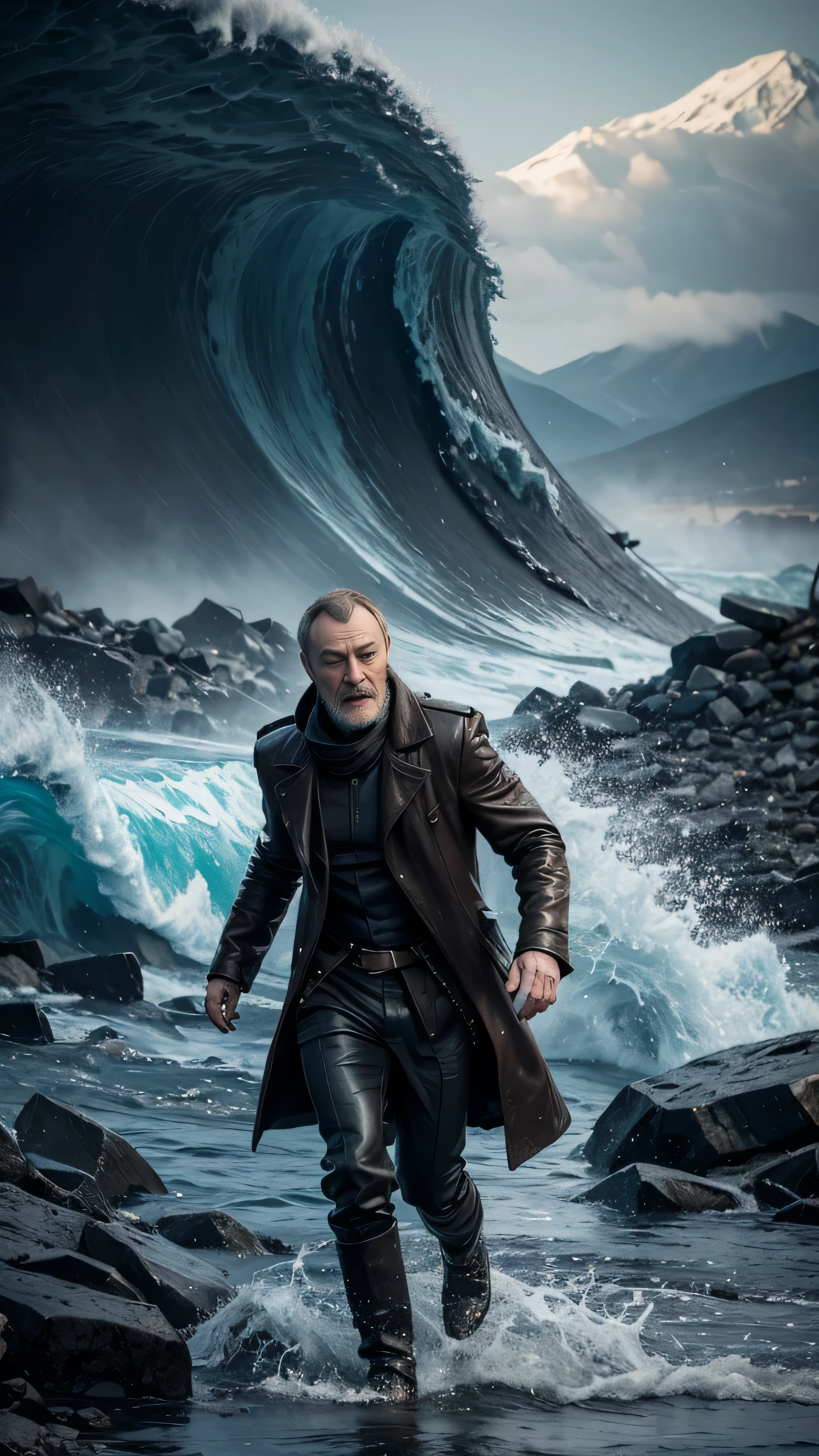 postapocalypse, ((Liam Cunningham)) as Davos Seaworth, coat, running, ((tsunami)), 1man, solo, beautiful detailed glow, detailed, cinematic light, intricate detail, realistic, highres, detailed facial features, high detail, sharp focus, smooth, aesthetic, extremely detailed, stamp, octane render