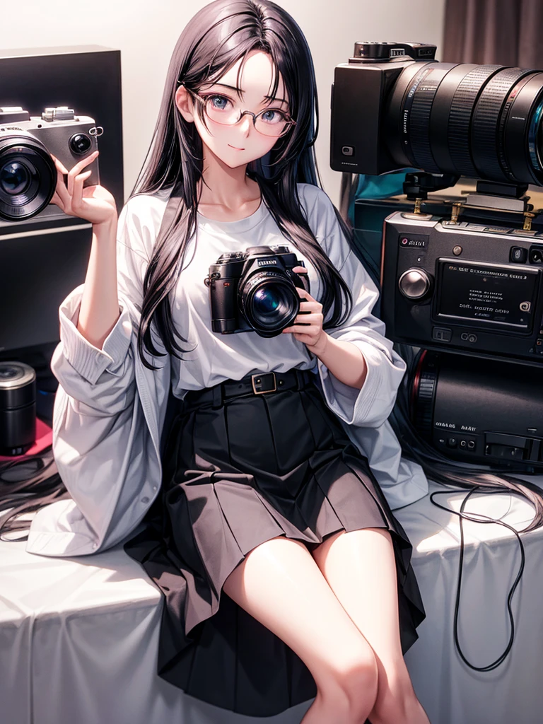 20 year old female、shiny hair quality、beautiful black hair、straight hair、super long hair、Shaggy Hair、Glasses、Glasses美人、woman holding a camera、Digital single-lens camera、Mirrorless Camera、cameraman、プロcameraman、shirt、skirt、cute、perfect skeleton