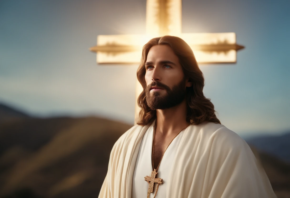 (best quality,realistic),portrait of Jesus Christ,beautiful detailed face,long hair and beard,piercing blue eyes,wearing a white robe,holy light surrounding him,calm and serene expression,golden halo above his head,sacred heart,cross in the background,vibrant colors,divine presence,religious symbolism