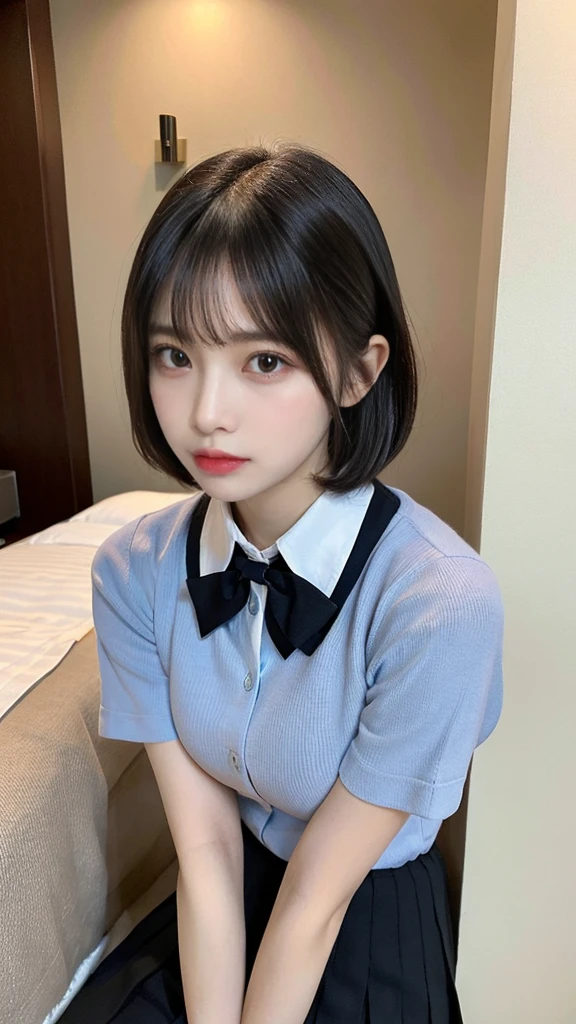 muste piece, best quality, illustration, Super detailed, fine details, High resolution, 8K,wall paper, perfect dynamic composition,(Details High quality, realistic depiction of eyes:1.3), (collared shirt:1.1), pleated skirt, big breasts, short bob hair、black hair color, Big Natural Color Lip, bold sexy pose, crying a little、cold gaze, Harajuku style、20 year old girl、cute type、lolita、beautiful legs, hotel room, gravure idol