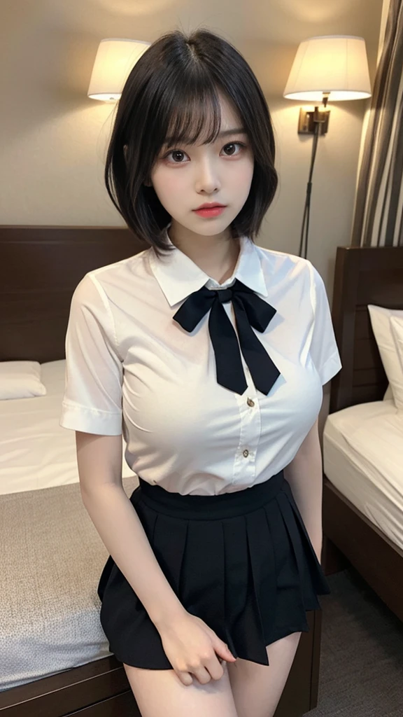 muste piece, best quality, illustration, Super detailed, fine details, High resolution, 8K,wall paper, perfect dynamic composition,(Details High quality, realistic depiction of eyes:1.3), (collared shirt:1.1), pleated skirt, big breasts, short bob hair、black hair color, Big Natural Color Lip, bold sexy pose, crying a little、cold gaze, Harajuku style、20 year old girl、cute type、ta、beautiful legs, hotel room, gravure idol