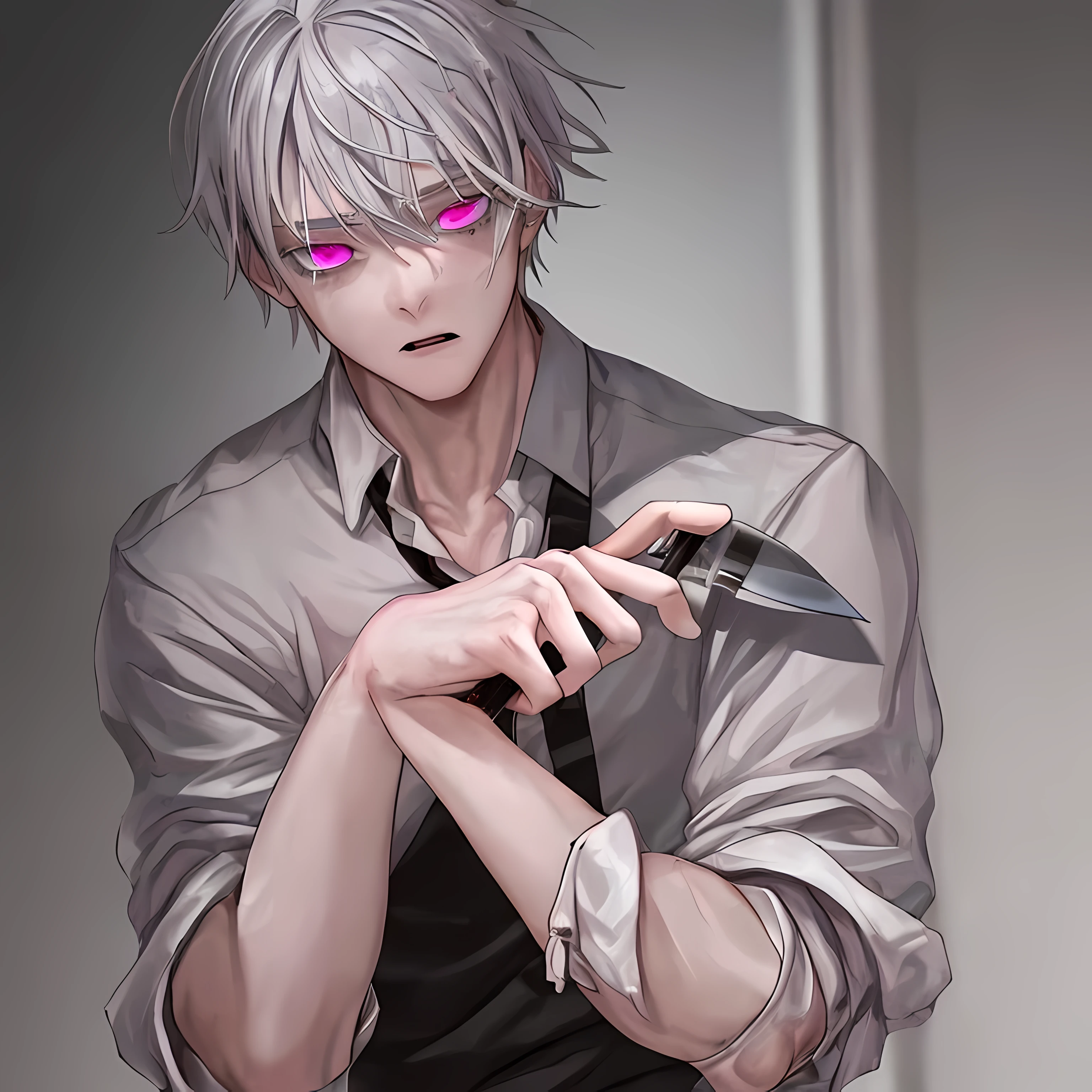 A cute boy with gray hair and pink eyes who looks scared while holding a knife in his hand