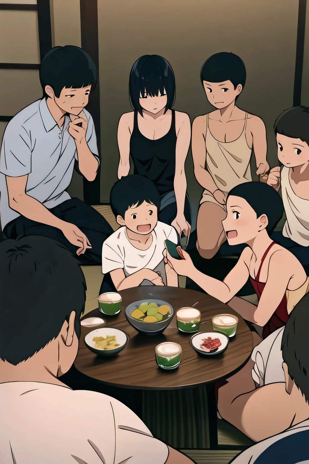 group、big family、(masterpiece, highest quality:1.2), The heroine is 1GORL、A stunningly beautiful girl with short hair and bangs、He is wearing a black tank top, grey shorts and a light brown apron.. (break)Many people are gathered and standing、A man is raising his arm。, A scene from a live-action movie, Japanese live action movie, japanese tv shows, Japanese high school, Still from the live-action movie, japanese horror movie footage, subtitle, hideki anno, happy still images, katsuhiro and inio asano
