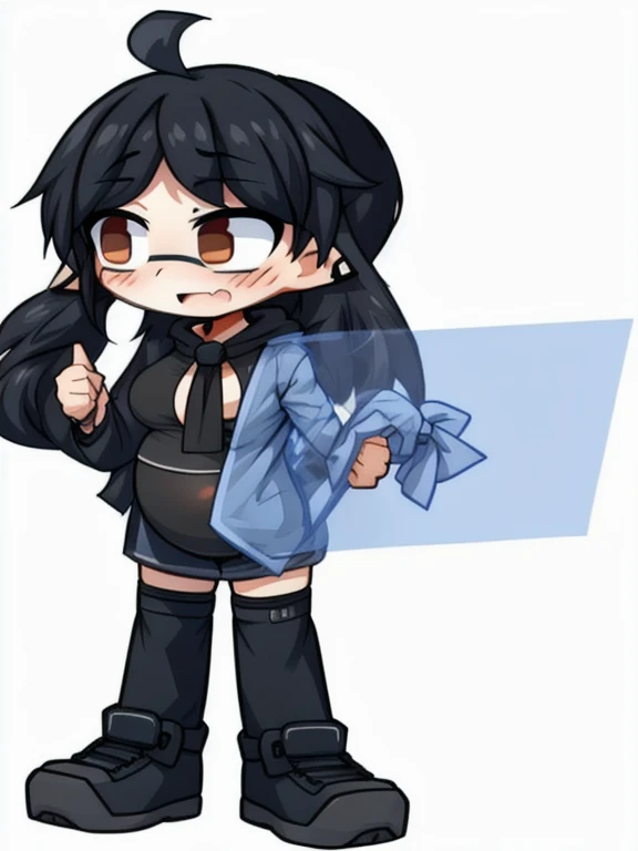 cartoon girl with a blue sign and black hair, cel - shaded art style, cel shaded!!!, 2 d sprite, unknown artstyle, advanced digital chibi art, visual novel sprite, anime moe artstyle, inspired by Leng Mei, live2d virtual youtuber model, full body!, 2 d anime style, cel shaded:, blushing, big breast, heavy pregnant, baby kicks, pregnant belly, pregnant womb