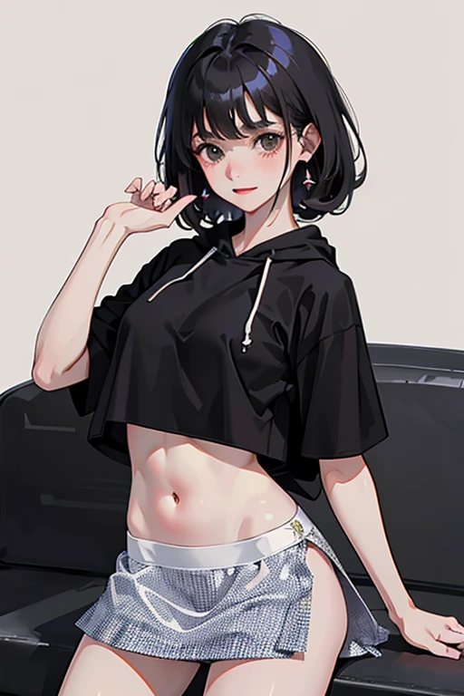(masterpiece,highest quality),crop top look,Short sleeve hoodie,
(Black mini skirt with gingham check),black haired