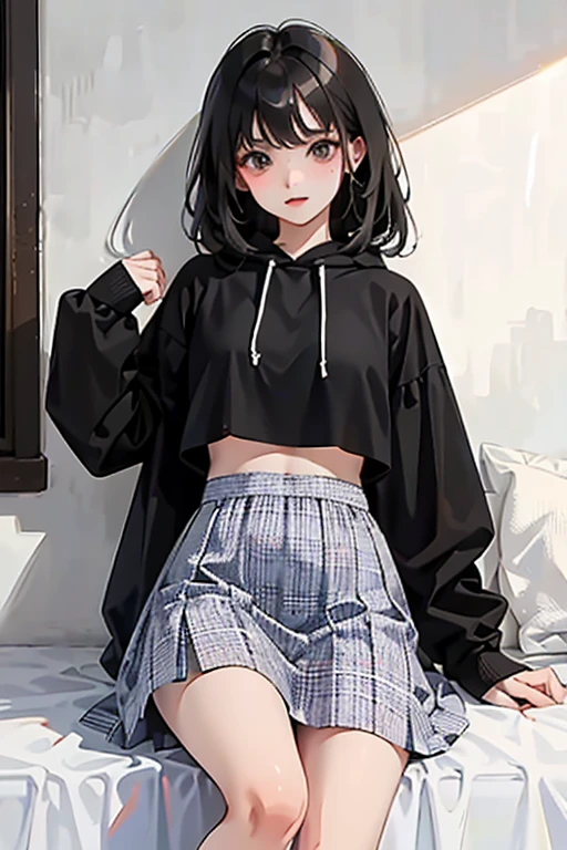 （masterpiece，highest quality），crop top look，Short sleeve hoodie，
(Black mini skirt with gingham check)，black haired