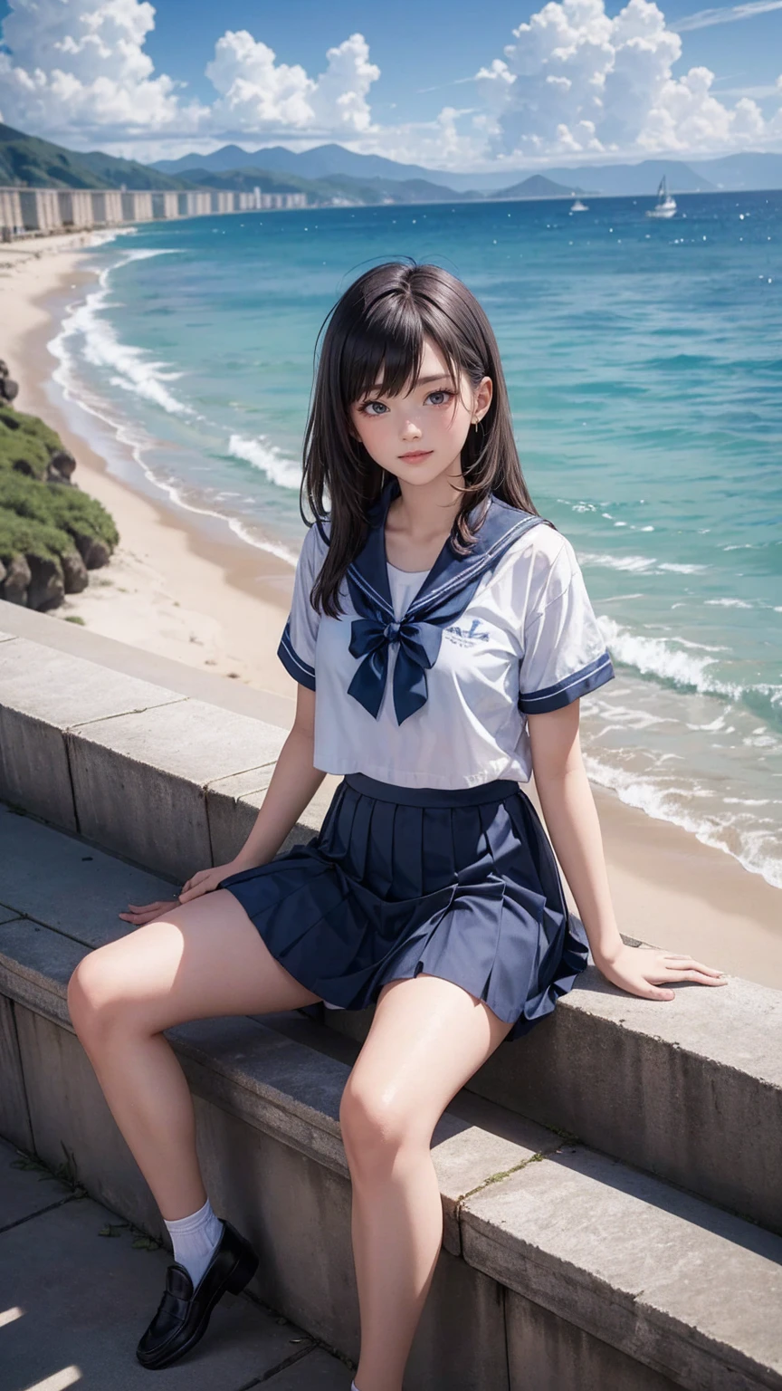 ((最high quality, 8K, masterpiece: 1.3, Ultra HD, high quality, 最high quality, High resolution, realism)) 、An extremely beautiful 18-year-old Japanese woman、hair color is black、black eye、medium hair、straight hair、smile、Slender but well-proportioned muscular body、Athlete-like body type、I don't want my head to disappear from the screen.、sit on a high breakwater on the beach、The blue sky is beautiful、There is an entrance cloud、It's summer、I'm wearing a sailor suit、Wear a navy blue pleated skirt、wear loafers、There is a road in front of the breakwater、There is a sign indicating the bus stop.、The sea is beautiful、The horizon looks beautiful、An island can be seen off the coast