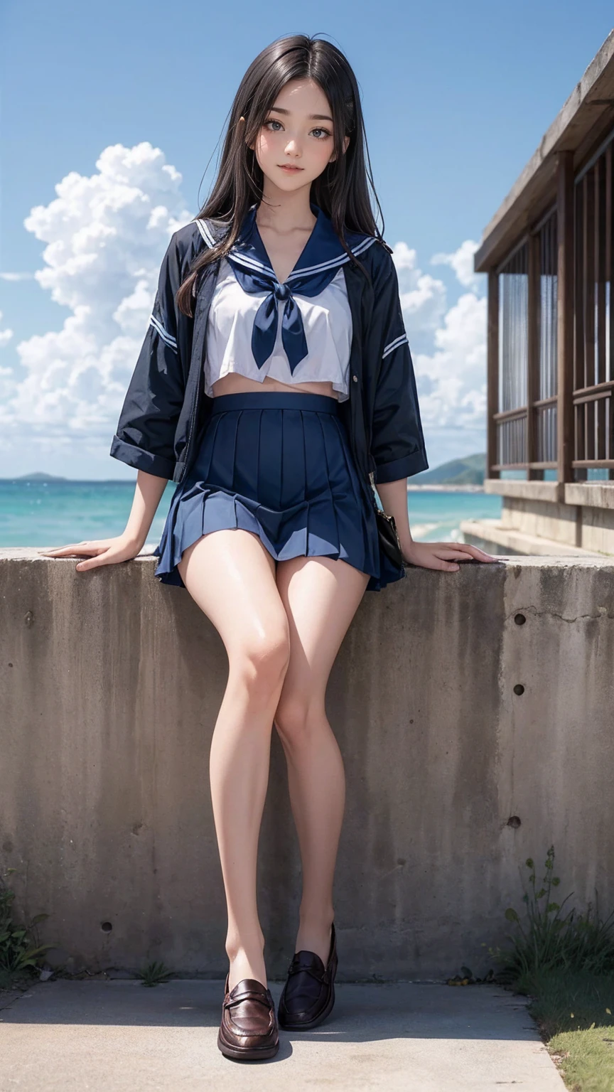 ((最high quality, 8K, masterpiece: 1.3, Ultra HD, high quality, 最high quality, High resolution, realism)) 、An extremely beautiful 18-year-old Japanese woman、hair color is black、black eye、medium hair、straight hair、smile、Slender but well-proportioned muscular body、Athlete-like body type、I don&#39;t want my head to disappear from the screen.、sit on a high breakwater on the beach、The blue sky is beautiful、There is an entrance cloud、It&#39;s summer、I'm wearing a sailor suit、Wear a navy blue pleated skirt、wear loafers、There is a road in front of the breakwater、There is a sign indicating the bus stop.
