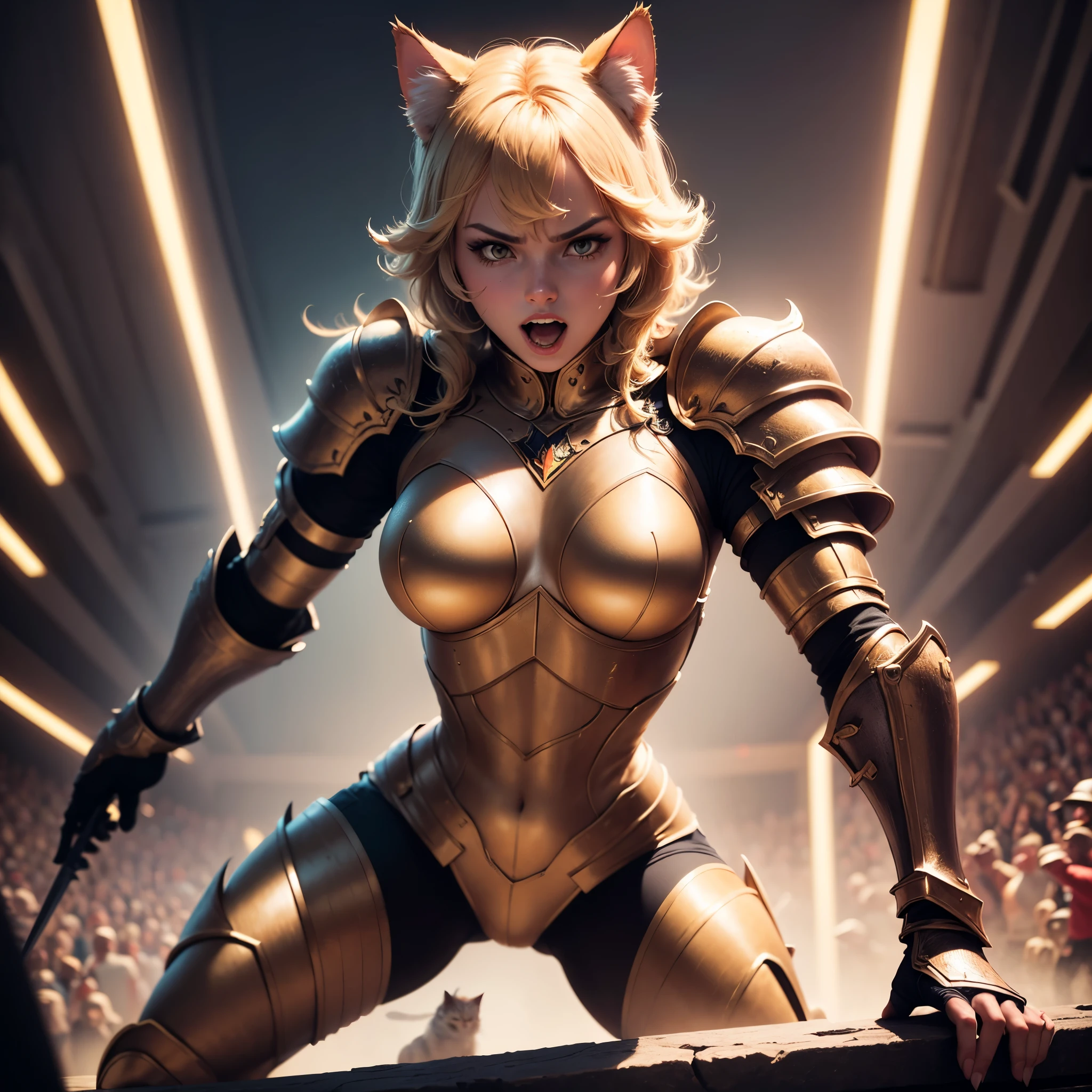 A cat Knight displays his weapon moves after defeating a slutty Princess Peach,illustration,gold armor,sharp claws,combat stance,victory celebration,crowd cheering,arena battlefield,(best quality,4k,8k,highres,masterpiece:1.2),ultra-detailed,realistic,colorful,studio lighting,fierce style,metallic tones, dynamic lighting.