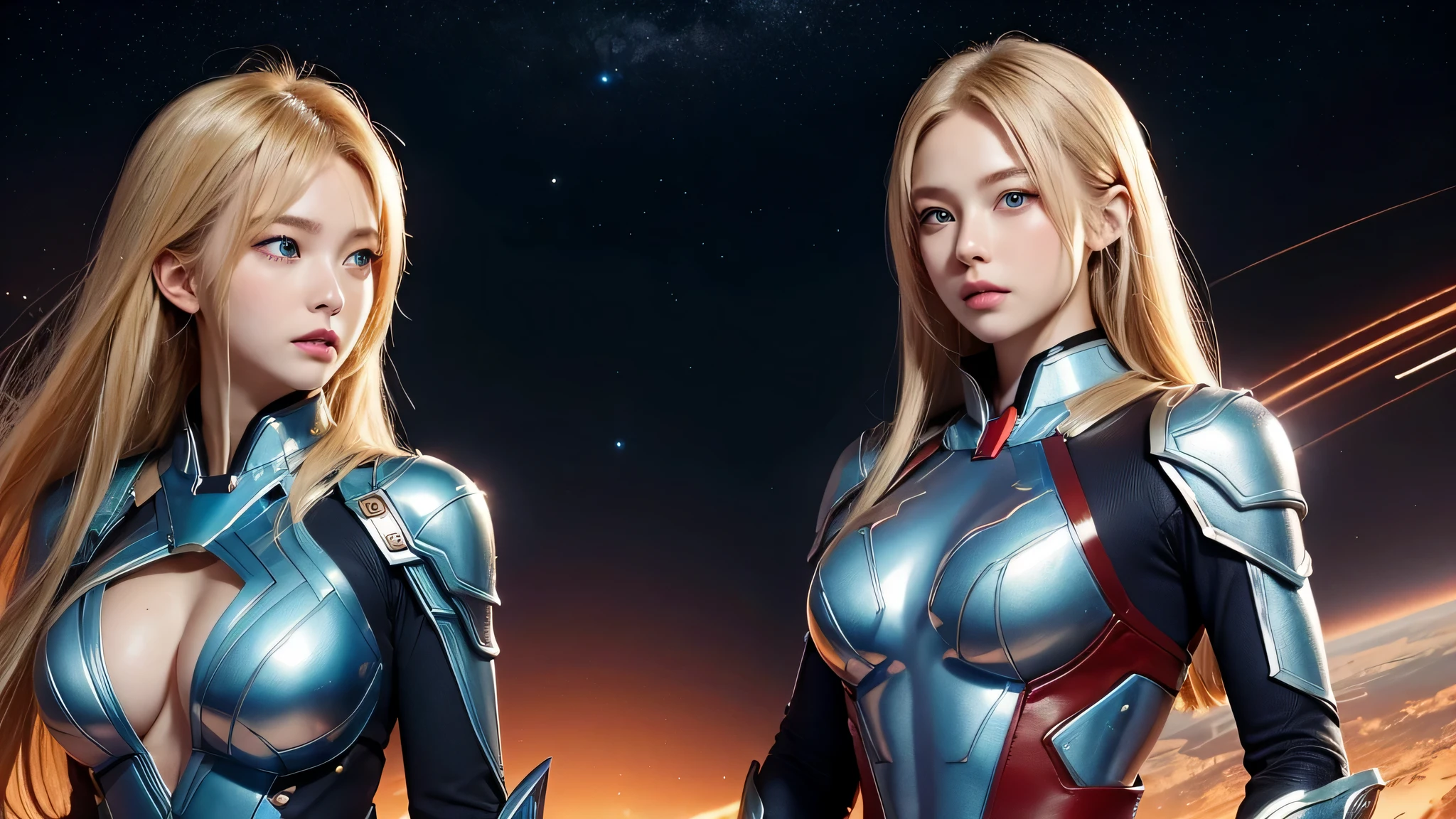 Beautiful blonde woman with blue eyes。facial details。beautiful double。Passed nasal muscle。plump lips。She fits perfectly、Wearing a metallic crimson suit.。He wears a transformation belt around his waist like Kamen Rider..。A huge spaceship advancing through space on the background of a woman。8K image quality。masterpiece.,perfect body,(Lie:1.3)