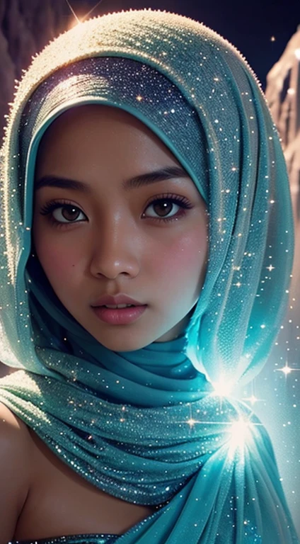 there is a woman wearing a hijab and a dark blue dress, a colorized photo shutterstock, hyperrealism, strange portrait with galaxy, middle eastern skin, stars in her gazing eyes, girl looks at the space, on a desert mountain background, near a galaxy, gold syari hijab, gold pashmina hijab, gold headscarf, The girls wear silk and gold adornment, white silk robes, their heads are smiling, their expressions happiness and smile. looking at camera, cinematic, UHD, ultra high res, Photorealistic,