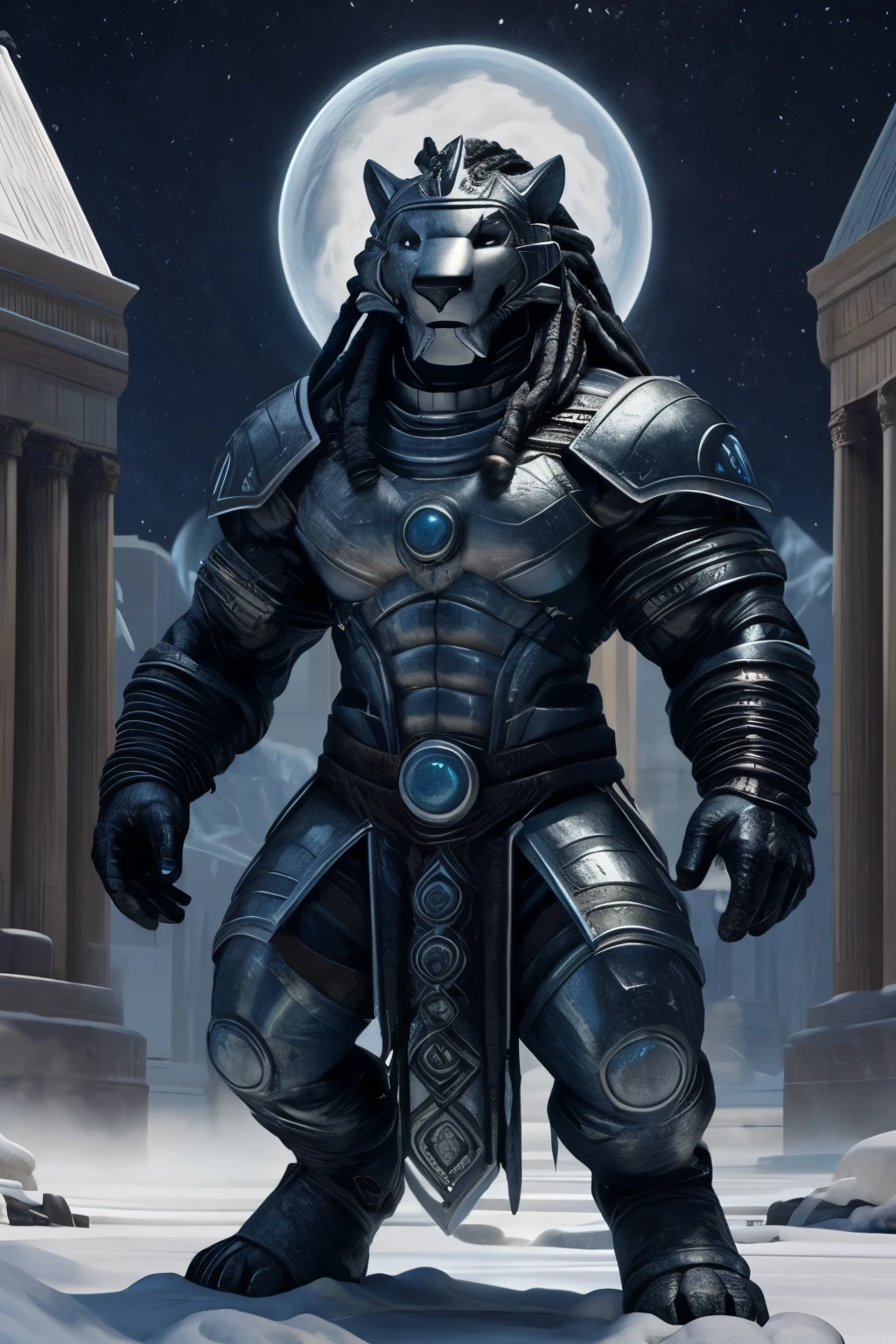 In the pulsating core of a metropolis sculpted from radiant marble and ironclad structures, a figure of enigma emerges. Clad in armor hewn from starlit metal, this warrior's robust physique is accentuated by crescent-shaped pauldrons, cradling the night sky with an ethereal allure. Cascading from their helmet, locks of untamed hair, pure as freshly fallen snow, are confined by intricate braids adorned with delicate metallic talismans, weaving an audible symphony with each rhythmic stride.

Their skin gleams with a gentle, otherworldly iridescence, akin