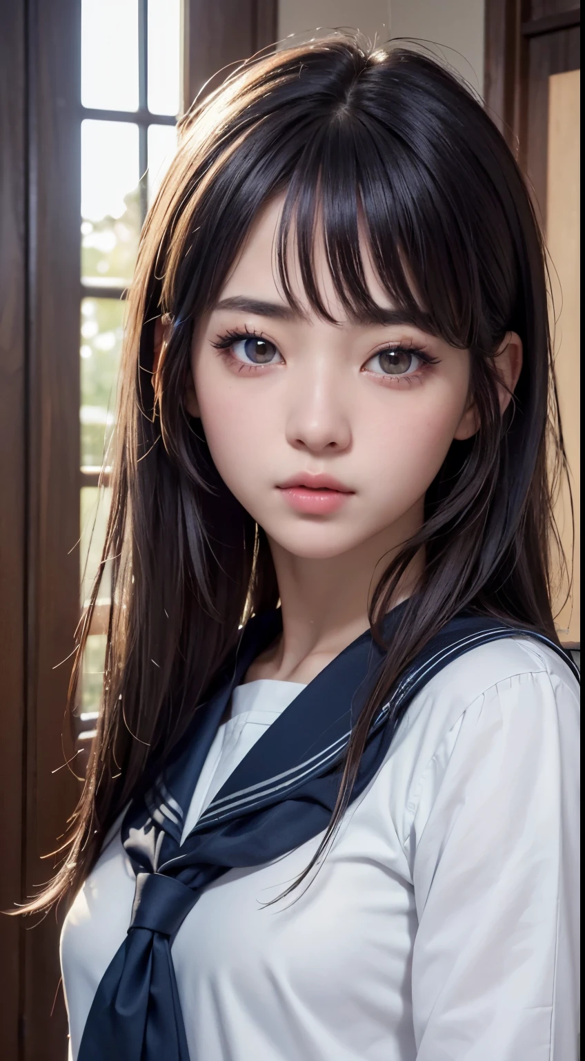 ((A masterpiece like no other in history、best quality、perfect artwork))、(realistic, Photoreal:1.37)、1 girl、17 years old、Japanese、Amazingly cute、((JK uniform、serafuku))、(((I could see the whole body)))、long eyelashes、dark eye makeup、dark eye shadow、korean makeup、random pose、random hair、land angle、random place、Highly detailed and professional lighting、finely、super detailed、High resolution、Highly detailed CG Unity 8K wallpaper、beautiful detailed girl、highly detailed eyes and face、beautiful and fine eyes、