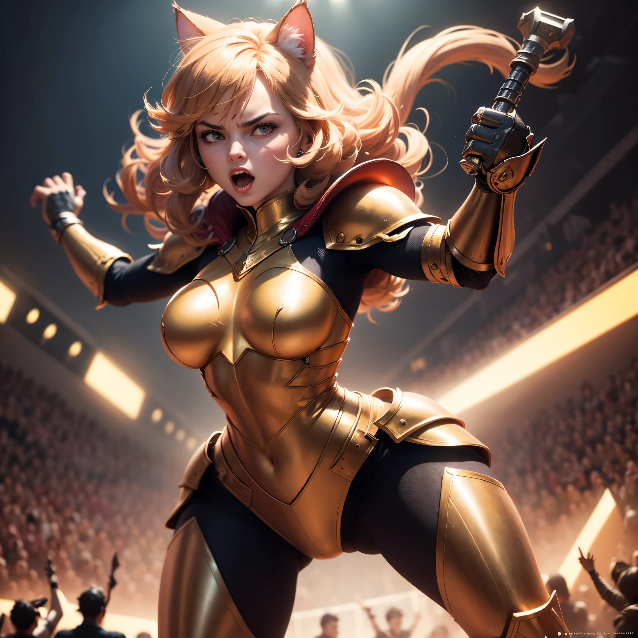 A cat Knight displays his weapon moves after defeating a slutty Princess Peach,illustration,gold armor,sharp claws,combat stance,victory celebration,crowd cheering,arena battlefield,(best quality,4k,8k,highres,masterpiece:1.2),ultra-detailed,realistic,colorful,studio lighting,fierce style,metallic tones, dynamic lighting.