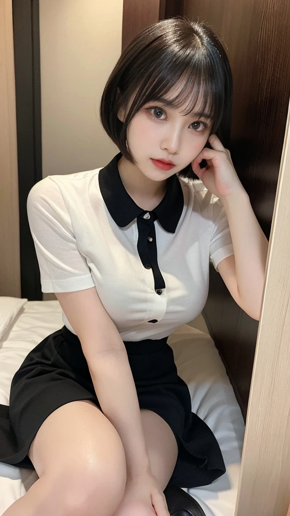 Masterpiece, highest quality, figure, Very detailed, Fine details, High resolution, 8k,wallpaper, Perfect dynamic composition,(Detailed high quality, Realistic depiction of eyes:1.3), (Collared polo shirt:1.1), Pleated skirt, Short Bob Hair、Black hair color, Big Natural Color Lip, Bold sexy pose, Crying a little、Cold Stare, Harajuku Style、Acrobatic pose, 20-year-old girl、Cute type、ta、Beautiful feet, Hotel Rooms, Idol Sculpture, Voluptuous thighs, Huge breasts