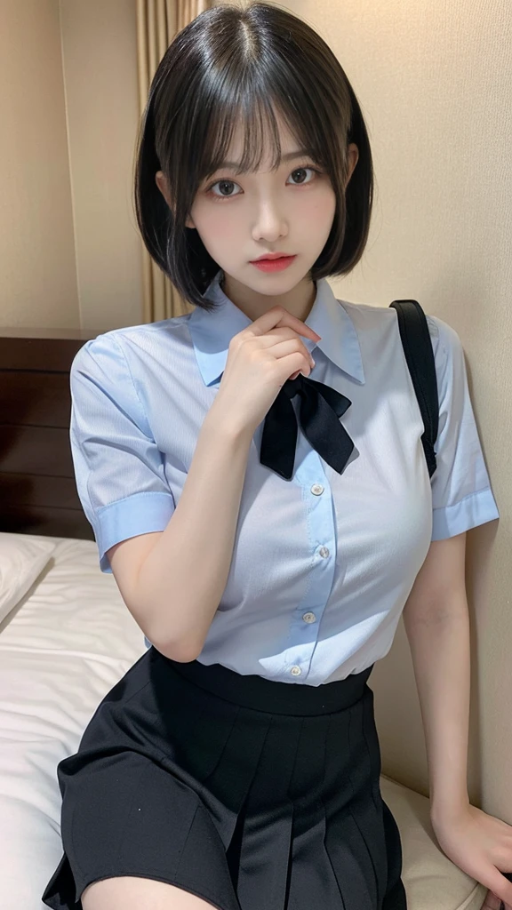 muste piece, best quality, illustration, Super detailed, fine details, High resolution, 8K,wall paper, perfect dynamic composition,(Details High quality, realistic depiction of eyes:1.3), (collared shirt:1.1), pleated skirt, big breasts, short bob hair、black hair color, Big Natural Color Lip, bold sexy pose, crying a little、cold gaze, Harajuku style、20 year old girl、cute type、ta、beautiful legs, hotel room, gravure idol