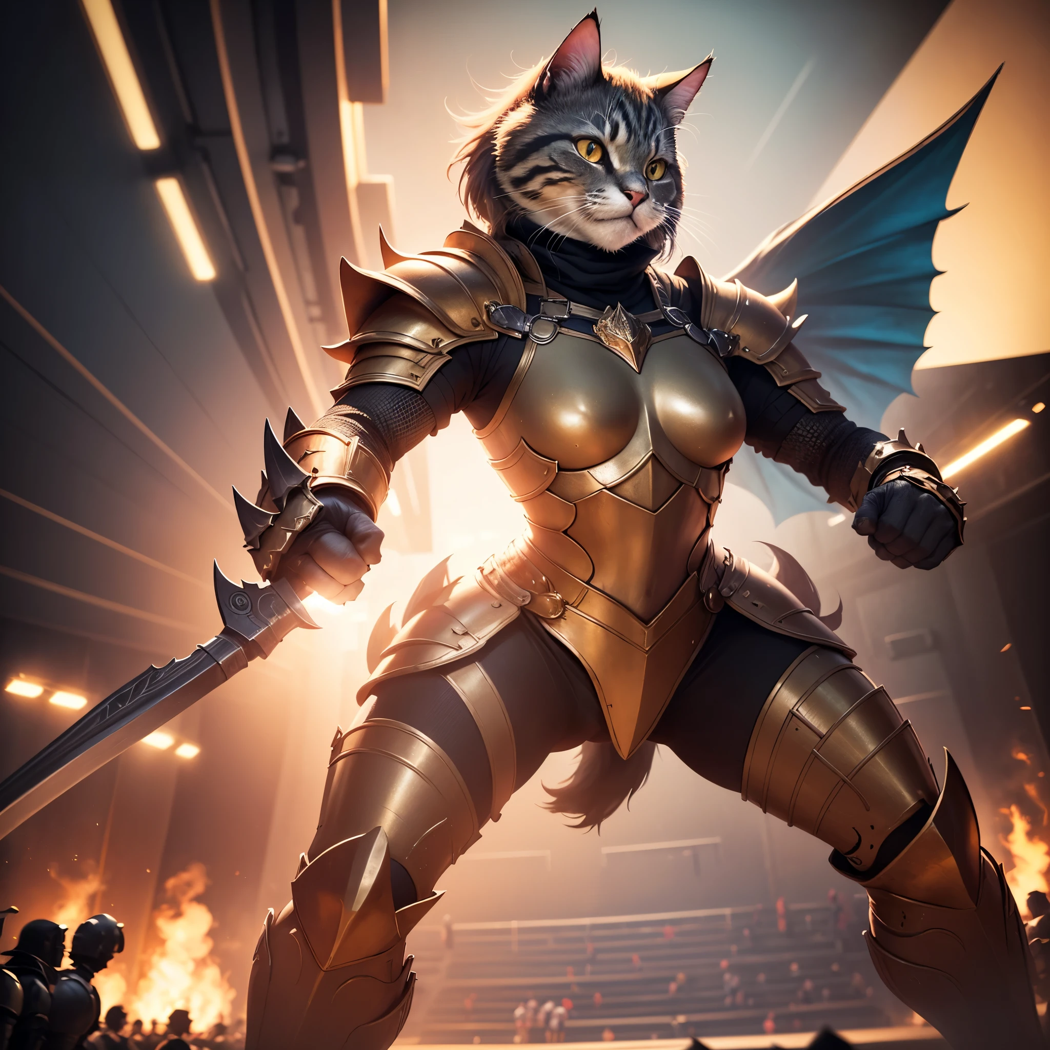 A cat Knight displays his weapon moves after defeating a slutty Princess Peach,illustration,gold armor,sharp claws,combat stance,victory celebration,crowd cheering,arena battlefield,(best quality,4k,8k,highres,masterpiece:1.2),ultra-detailed,realistic,colorful,studio lighting,fierce style,metallic tones, dynamic lighting.