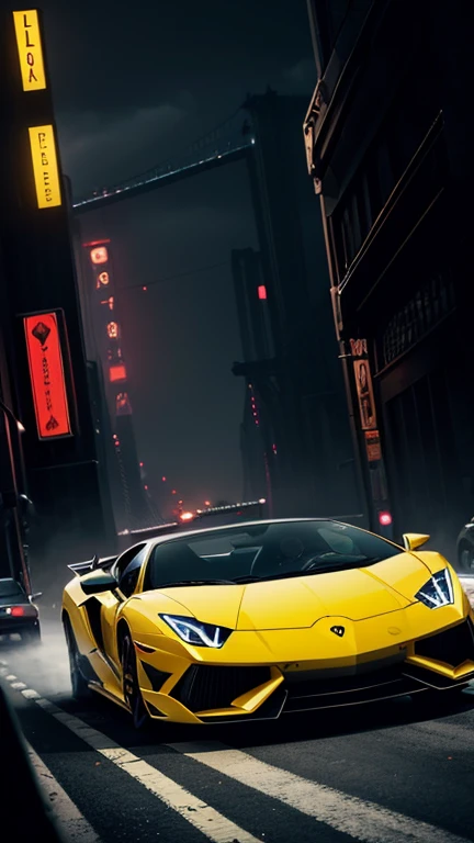 A high contrast poster showing an exciting yellow Lamborghini sian roadster with red lines, coming out of a corner at high speed with a sense of danger. The car has stickers on its doors that say "Amaury." The background is dimly lit New York City, with bridges and buildings in the distance. The illustration captures the intense atmosphere of the moment, full of cinematic lighting, illustration, poster, dark fantasy, painting and high contrast