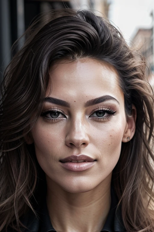 Beautiful Turkish supermodel woman with a lock of hair, subtly highlighted by the sunlight, framing her captivating black eyes. Sexy allure radiates from her as she poses against the urban street backdrop. Liquid color artfully flows across her visage in a mesmerizing display, blending seamlessly with her flawless complexion. Shooting against the light, her features are illuminated to perfection, illuminating every detail and texture of her stunning facial structure. The mixed media techniques employed in this masterpiece enhance the photorealistic, raw image with intricate textures and excessive details, making it a true work of art. (masterpiece, photorealistic, raw