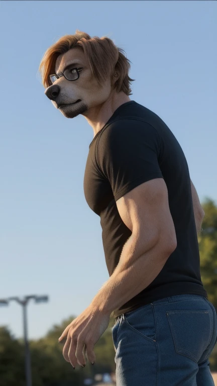 (realistic, photorealistic RAW Photo:1.4), full body image, far shot, Detailed public park settings, warm lighting, (alone:1.3)
break, towards the viewer, 20-year-old, Humanoid dog Golden Retriever Male Tan, muscular, Lean Build, long fluffy tail, light amber eyes, (Short ginger hair, Leon Kennedy&#39;s hairstyle), dog nose, canine teeth, tooth, frown, (realistic fur, shaggy fur, wiry hair all over the body, body fur, detailed fur texture), (Wearing square-framed glasses, wearing green T shirt, wearing blue jeans), (目に見える趾行性feet), big pectoral muscles, nail, feet, 黒いfeetパッド