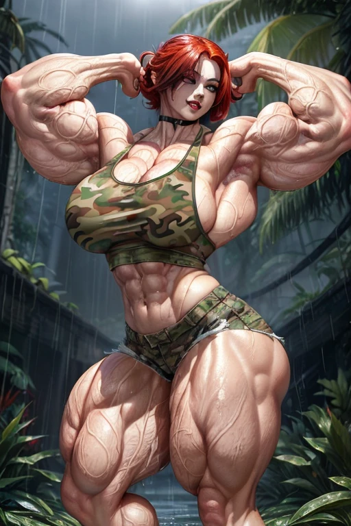 (((((Massive tall, beautiful, buff, wet, pale white skinned, muscular asian woman with wet red hair, black lipstick, ginormous bulky muscles and wearing a red cropped camouflage tank top with red camouflage safari shorts))))), (close view), (black eyeliner), massive muscle, massive biceps, hyper muscle triceps, (long hair), yellow eyes, black high heels boots, (in a dark heavy rainy jungle), nighttime, showing a sexy smile, (hyper muscles arms), hyper muscle legs, (massive arms)