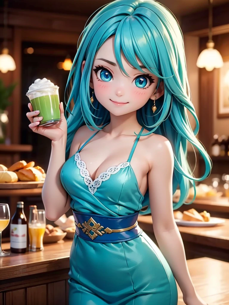superb, amazing, Super high image quality, actual, girl, (beautiful face 1.4), (big deal, Tighten the waist), Green and blue hair, blue eyes, indoors, Bokeh, beautiful light, shiny skin, small head, Smile, dinner , holding cup