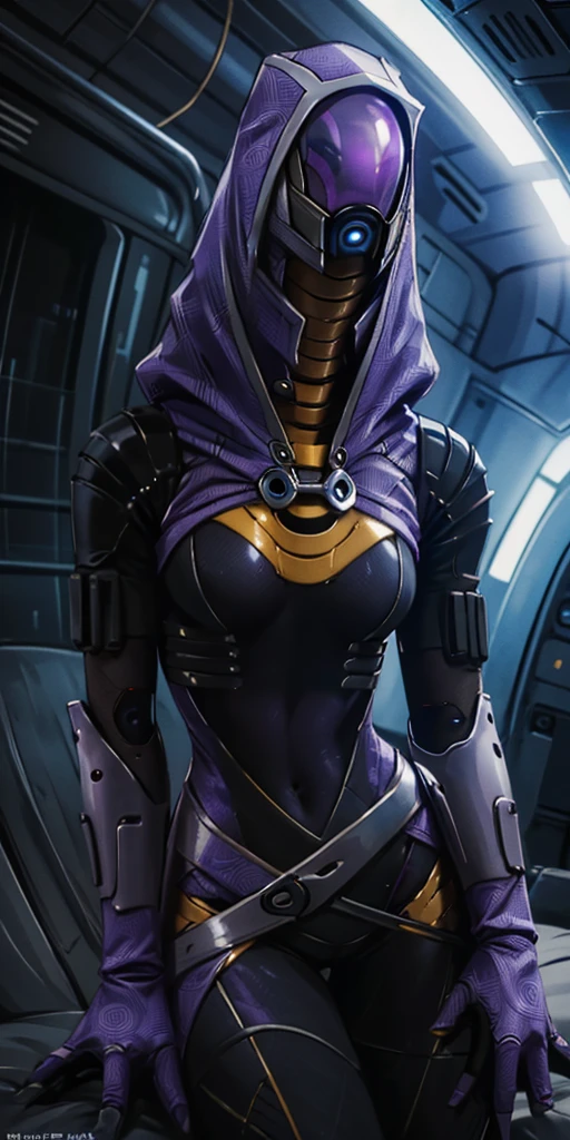 tali, 1girl, solo, hood, purple bodysuit, mask, (helmet, faceless), hood up, alien,