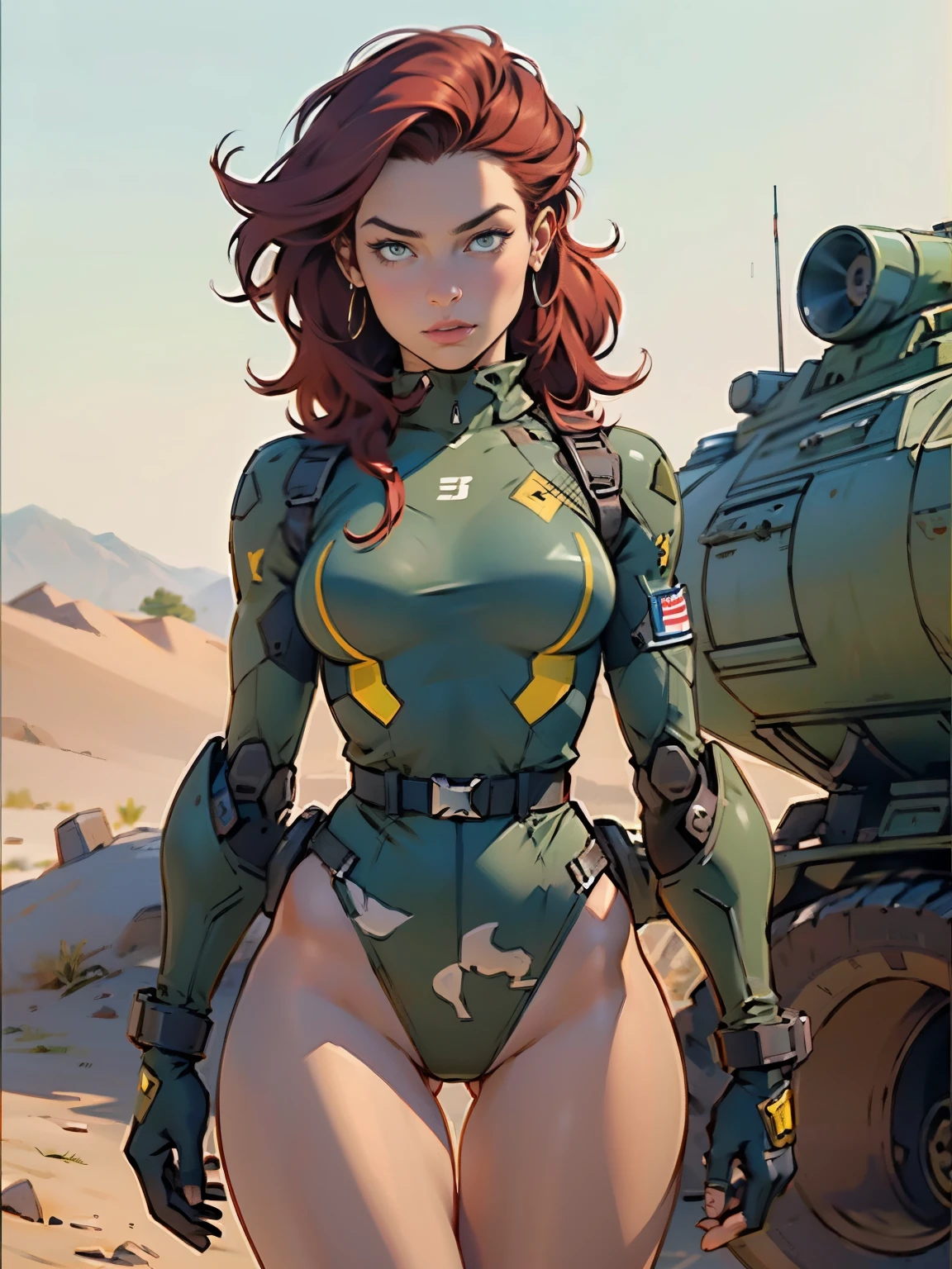 1woman 20 years old, military, beautiful, perfect body, realistic, red hair, perfect body, thin waist, , large breasts, slim thighs, desert background, armored vehicle, flying fighters, military robot dog, camouflaged uniform, wealth of details, tight panties, marking on the front, slender knees, highly detailed, high resolution, prefect hands, slender thighs, show knees, thigh gap, alert eyes