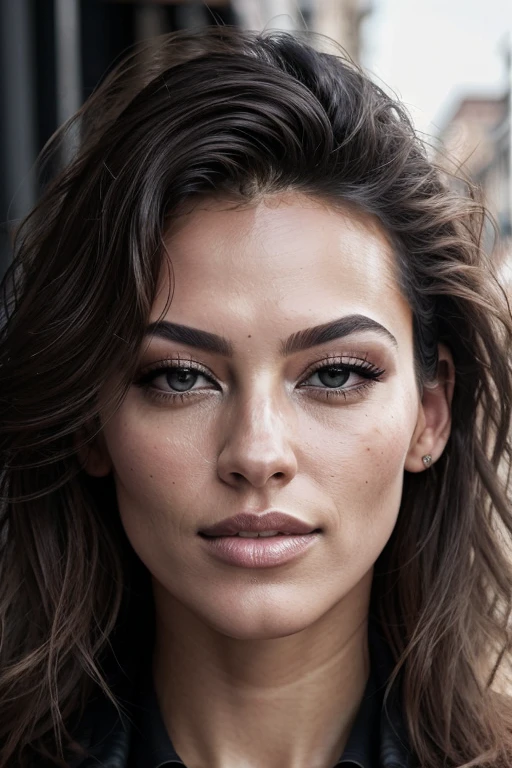Beautiful Turkish supermodel woman with a lock of hair, subtly highlighted by the sunlight, framing her captivating black eyes. Sexy allure radiates from her as she poses against the urban street backdrop. Liquid color artfully flows across her visage in a mesmerizing display, blending seamlessly with her flawless complexion. Shooting against the light, her features are illuminated to perfection, illuminating every detail and texture of her stunning facial structure. The mixed media techniques employed in this masterpiece enhance the photorealistic, raw image with intricate textures and excessive details, making it a true work of art. (masterpiece, photorealistic, raw