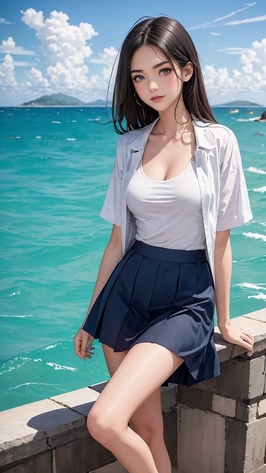 ultra highres,(reality: 1.4),highest quality, masterpiece, high detail, 16K quality, beautiful, 1 beautiful girl,japanese,super beautiful face,,japanese idol face,cute face,super detailed face,detailed hand,beautiful skin,sweaty skin,big eyes,smile,profeccional lighting,long hair,black hair,brown beautiful eyes, naked on white shirt,open shirt,bare breasts,standing,spread legs,(check skirt),(skirt lift),(((showing pussy))),(detailed pussy),medium breasts,black high socks,she is looking at the camera,beach,beautiful blue ocean,blue sky,nsfw,from front,