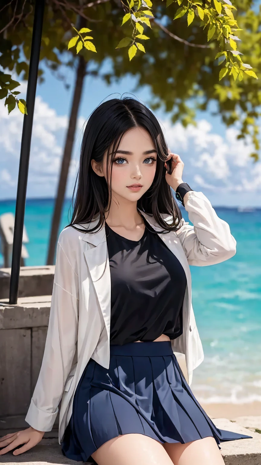 ((最high quality, 8K, masterpiece: 1.3, Ultra HD, high quality, 最high quality, High resolution, realism)) 、An extremely beautiful 18-year-old Japanese woman、hair color is black、black eye、medium hair、straight hair、smile、Slender but well-proportioned muscular body、Athlete-like body type、I don't want my head to disappear from the screen.、sit on a high breakwater on the beach、The blue sky is beautiful、There is an entrance cloud、It's summer、I'm wearing a sailor suit、Wear a navy blue pleated skirt、wear loafers、There is a road in front of the breakwater、There is a sign indicating the bus stop.、The sea is beautiful、The horizon looks beautiful、An island can be seen off the coast
