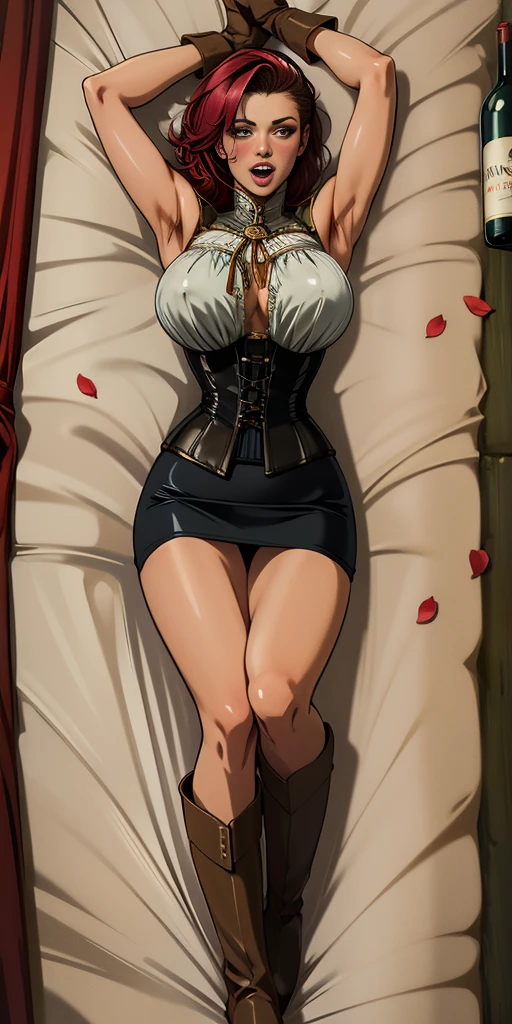 (((masterpiece,high resolution,best quality))), 1girl, solo,wine bottle,bare legs, large breasts, lying, on back, petals, looking at viewer, armpits, open mouth, solo, blush, wet clothes, heart, arms up, wet, bed sheet, origin, 1girl, red cape, boots, gloves, epaulettes, black corset, corset, black gloves, :d, black skirt