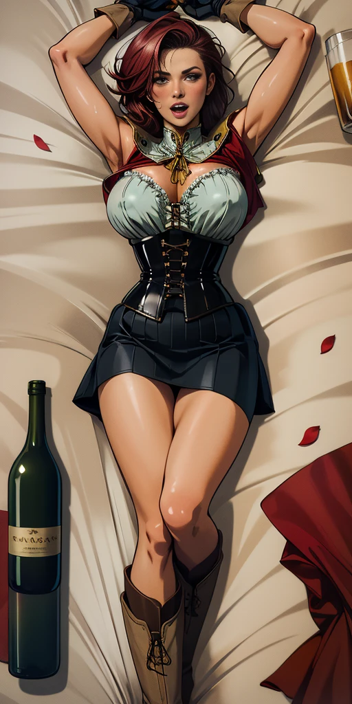 (((masterpiece,high resolution,best quality))), 1girl, solo,wine bottle,bare legs, large breasts, lying, on back, petals, looking at viewer, armpits, open mouth, solo, blush, wet clothes, heart, arms up, wet, bed sheet, origin, 1girl, red cape, boots, gloves, epaulettes, black corset, corset, black gloves, :d, black skirt