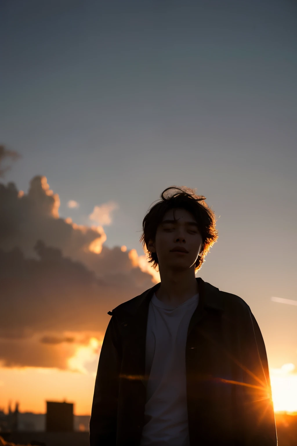 A young man made of ral-dissolve, wearing a tattered suit and playing a haunting melody on his guitar, stands in the midst of a destroyed city. His face is ideal but sad, reflecting the horrors of war that have surrounded him. Despite the devastation, the man represents hope and life, a beacon of light in the darkness. The early sunrise casts a warm glow through the clouds, illuminating the scene with a sense of promise and renewal. The ral-dissolve technique creates a sense of ethereal beauty, emphasizing the man's connection to the spiritual realm. The overall mood is one of melancholy and reflection, a poignant reminder of the fragility of life and the power of hope in the face of adversity.