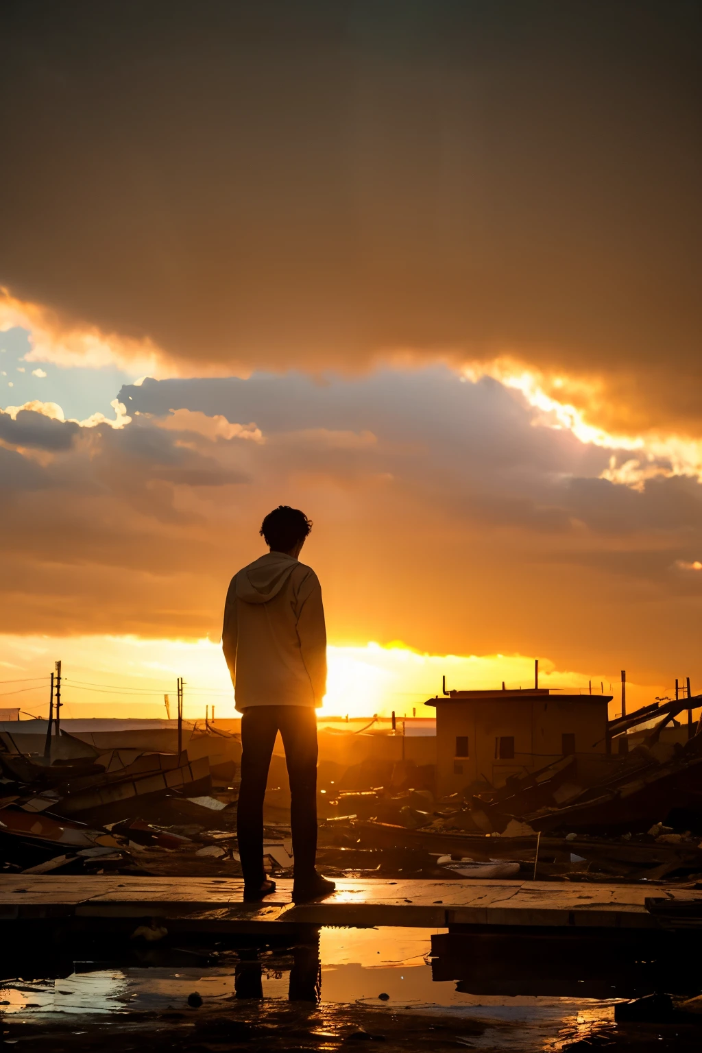 A young man made of ral-dissolve, wearing a tattered suit and playing a haunting melody on his guitar, stands in the midst of a destroyed city. His face is ideal but sad, reflecting the horrors of war that have surrounded him. Despite the devastation, the man represents hope and life, a beacon of light in the darkness. The early sunrise casts a warm glow through the clouds, illuminating the scene with a sense of promise and renewal. The ral-dissolve technique creates a sense of ethereal beauty, emphasizing the man's connection to the spiritual realm. The overall mood is one of melancholy and reflection, a poignant reminder of the fragility of life and the power of hope in the face of adversity.